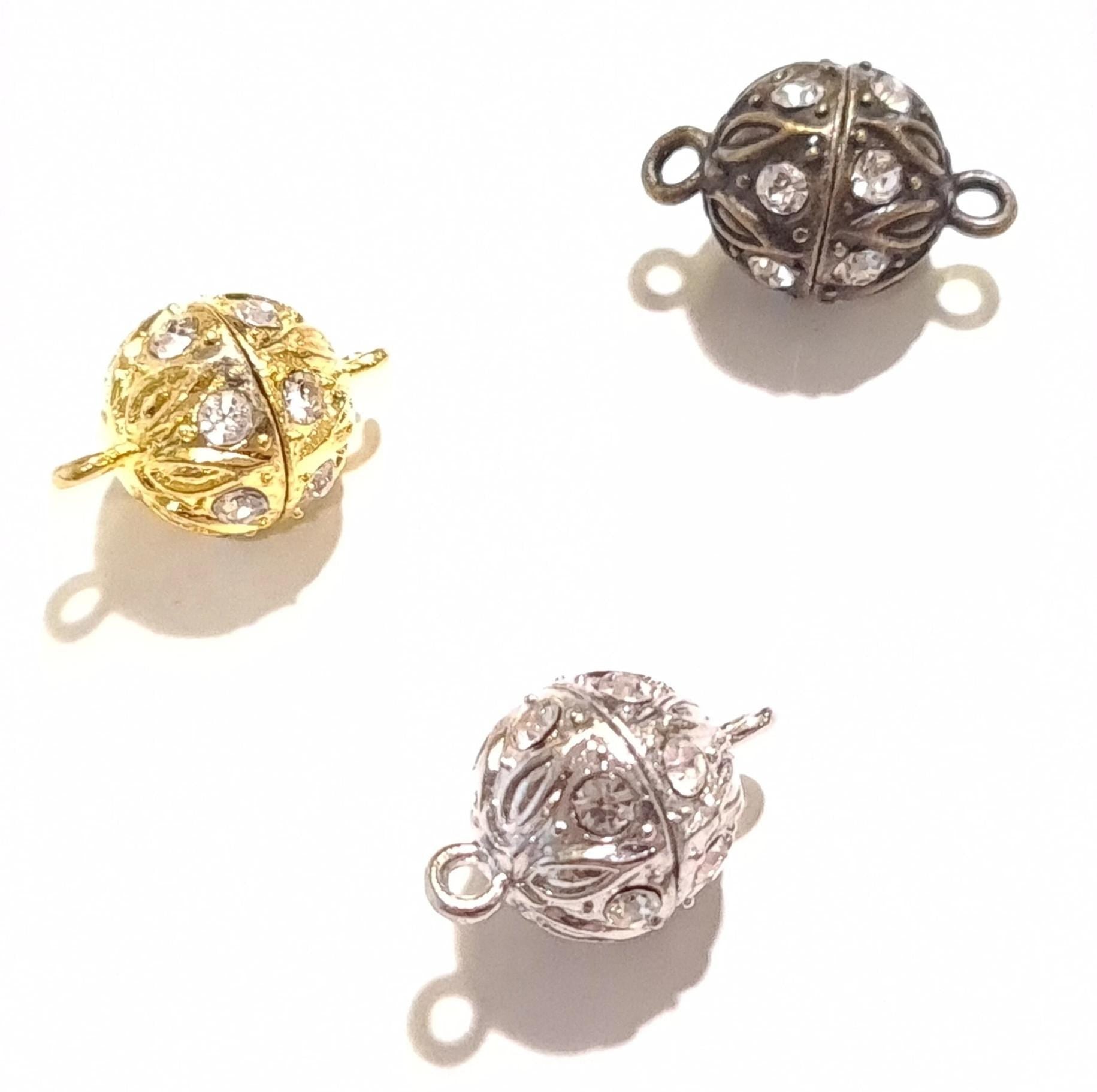 2 sets Silver, Gold, Antique Bronze 12mm Ball clasp with Rhinestone crystal setting, jewelry making Mag Ball clasp. 2 pcs sets
