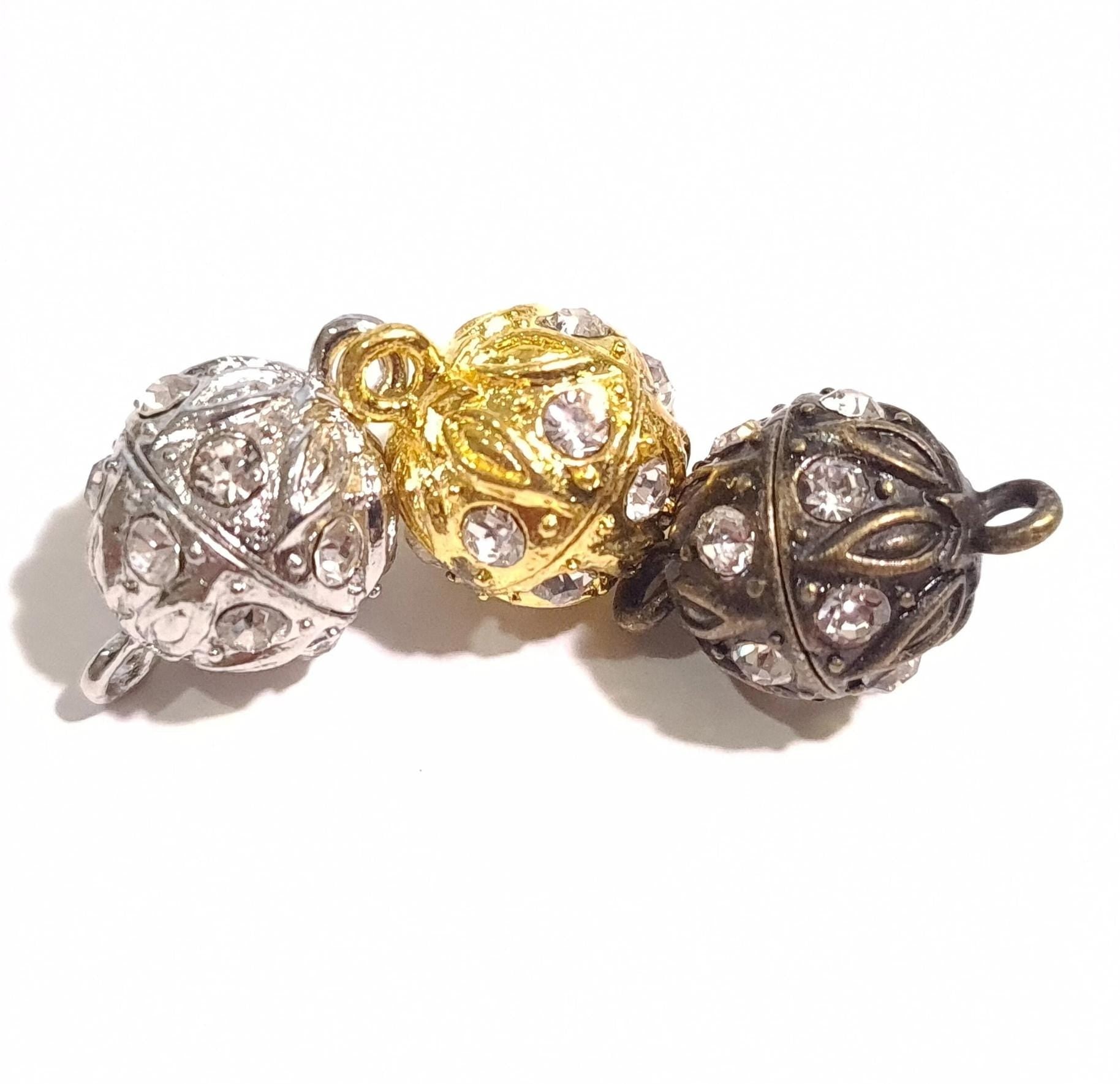 2 sets Silver, Gold, Antique Bronze 12mm Ball clasp with Rhinestone crystal setting, jewelry making Mag Ball clasp. 2 pcs sets