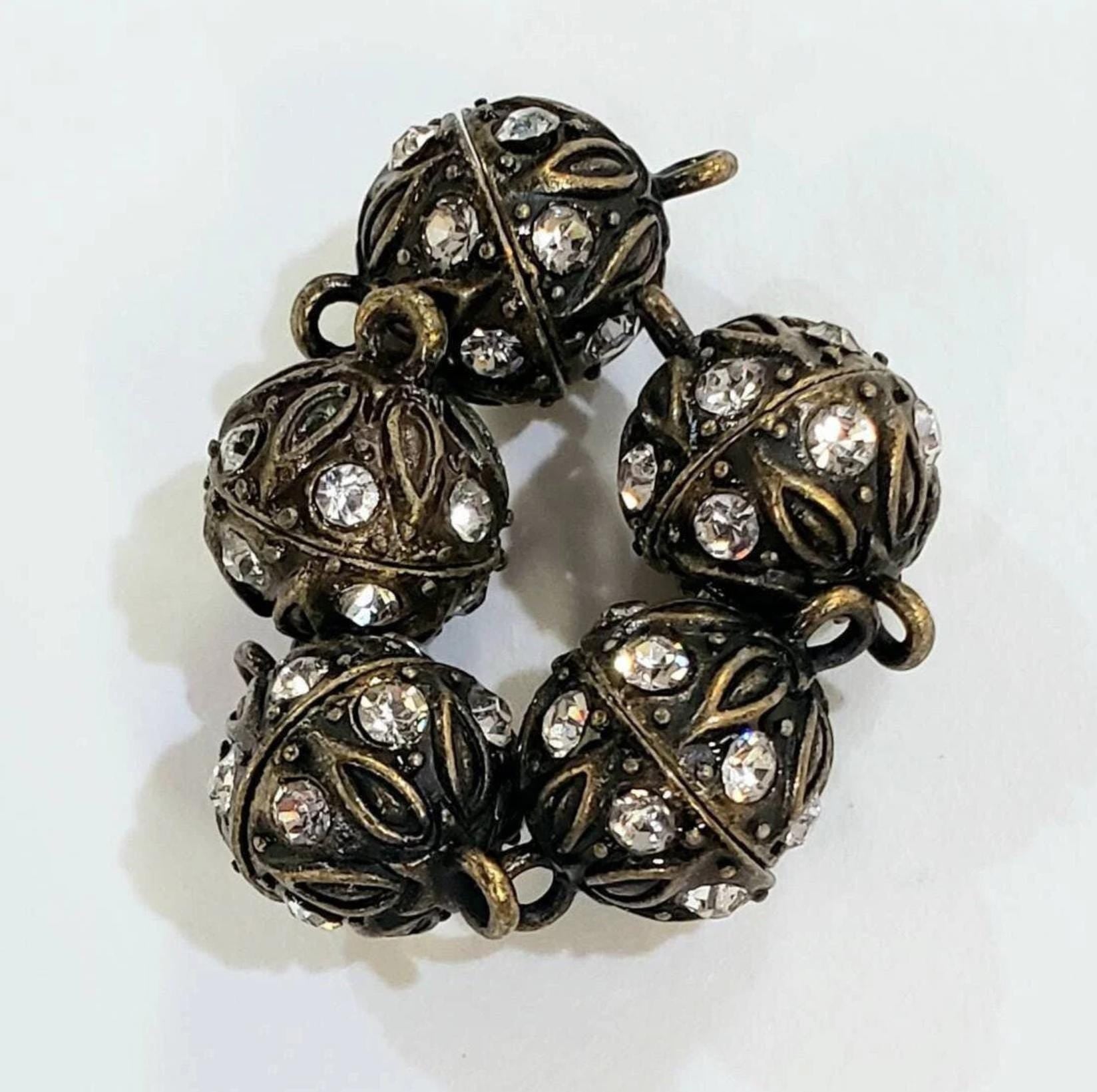2 sets Silver, Gold, Antique Bronze 12mm Ball clasp with Rhinestone crystal setting, jewelry making Mag Ball clasp. 2 pcs sets