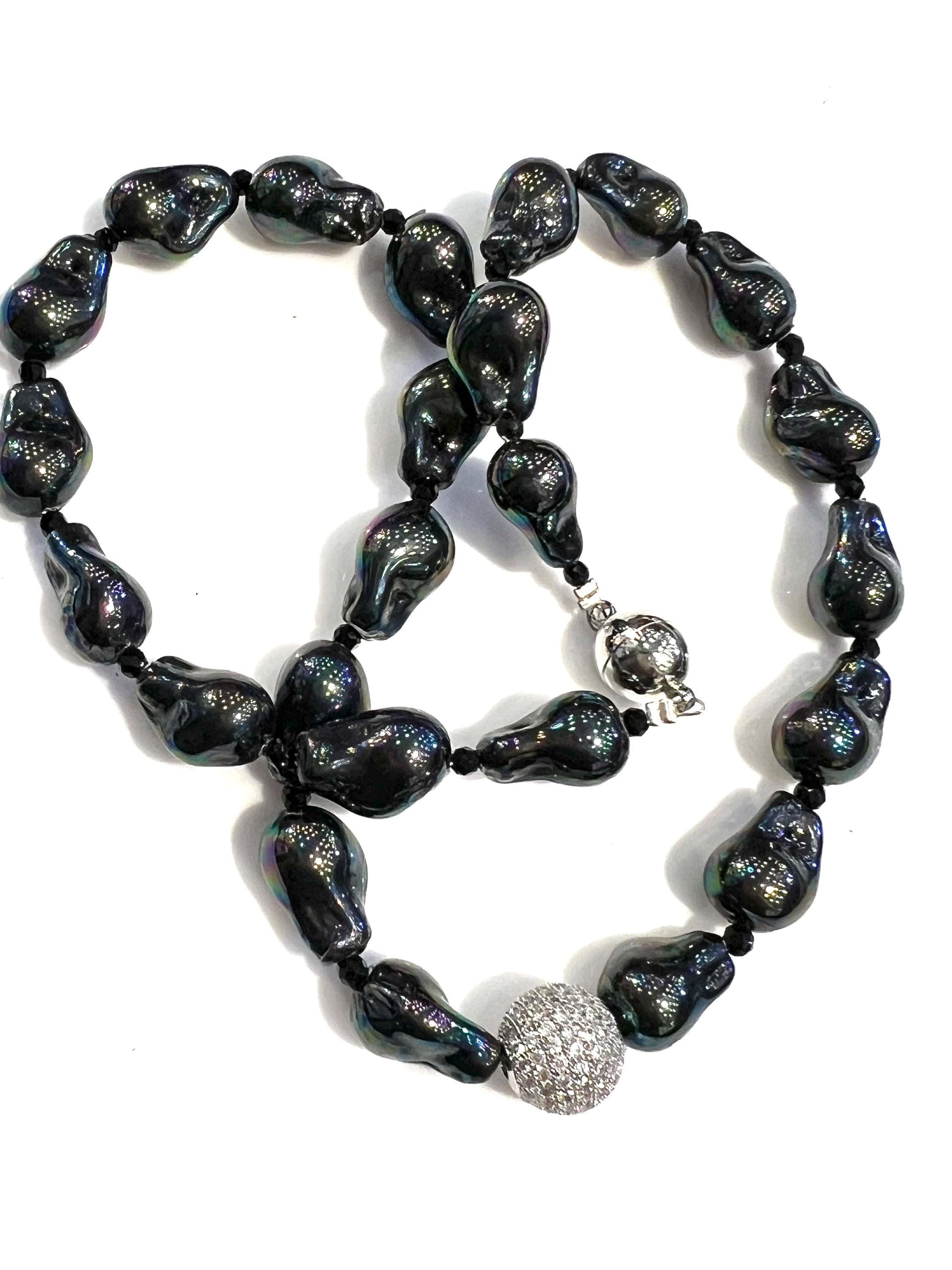 Black AB South Sea Shell Boruque Pearl 12x15mm large, CZ 12mm Diamond Ball front with mag clasp Statement Necklace, Party, Evening wear Gift