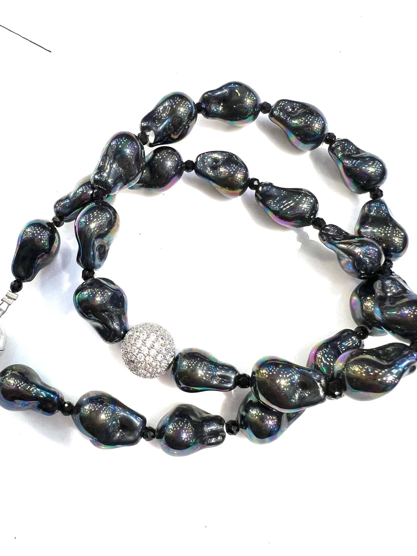Black AB South Sea Shell Boruque Pearl 12x15mm large, CZ 12mm Diamond Ball front with mag clasp Statement Necklace, Party, Evening wear Gift
