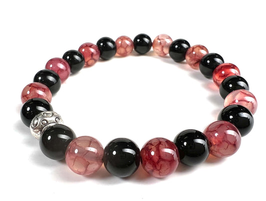 Red Dragon Vein Agate and Bkack Onyx 8mm Smooth Round Beaded Strawberry Color Bracelet