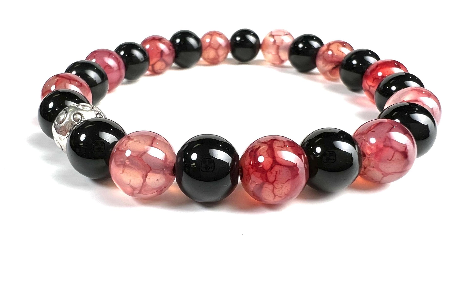 Red Dragon Vein Agate and Bkack Onyx 8mm Smooth Round Beaded Strawberry Color Bracelet