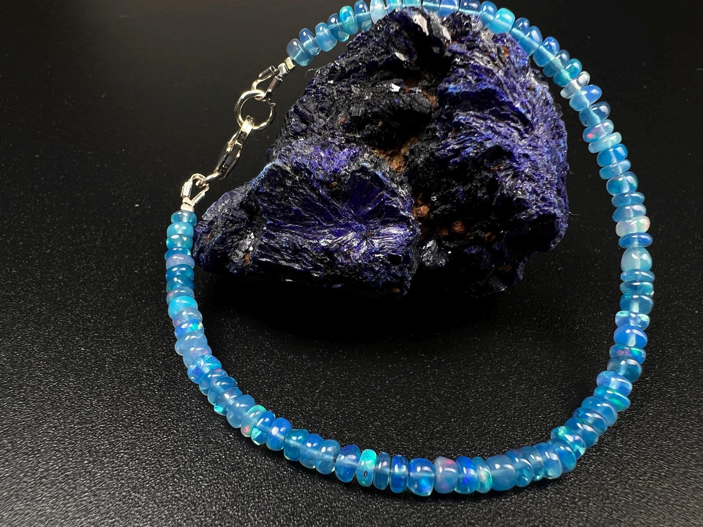 Genuine Ethiopian Fire Opal Periwinkle Blue Welo Opal 3.5-4mm Smooth beaded Bracelet AAA quality Fiery Opal gift 925 sterling silver