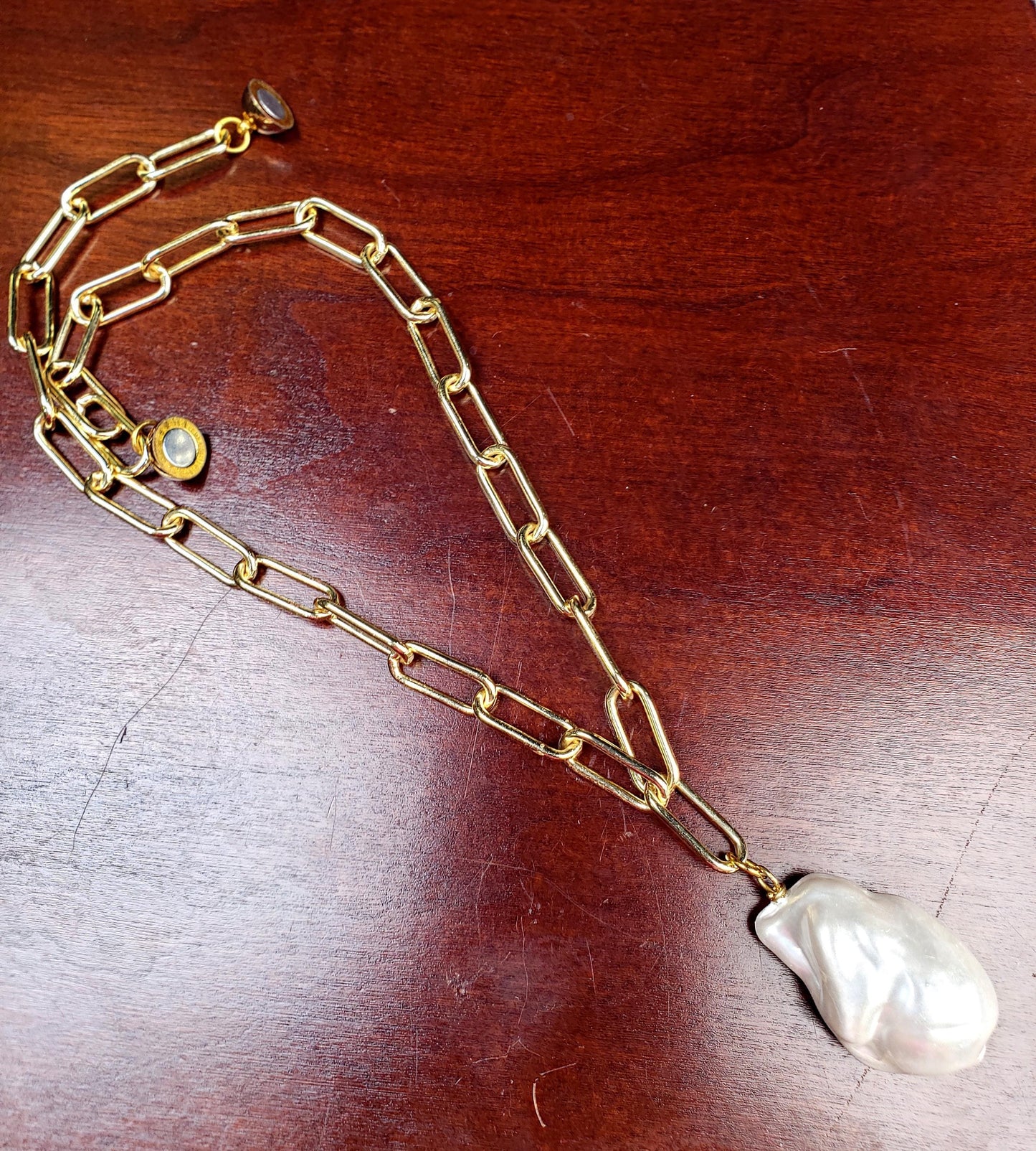 18k Gold Paper clip chain large size 7x17mm chain with huge Baroque pearl 20x30mm pendant gold necklace Resistance and Unity