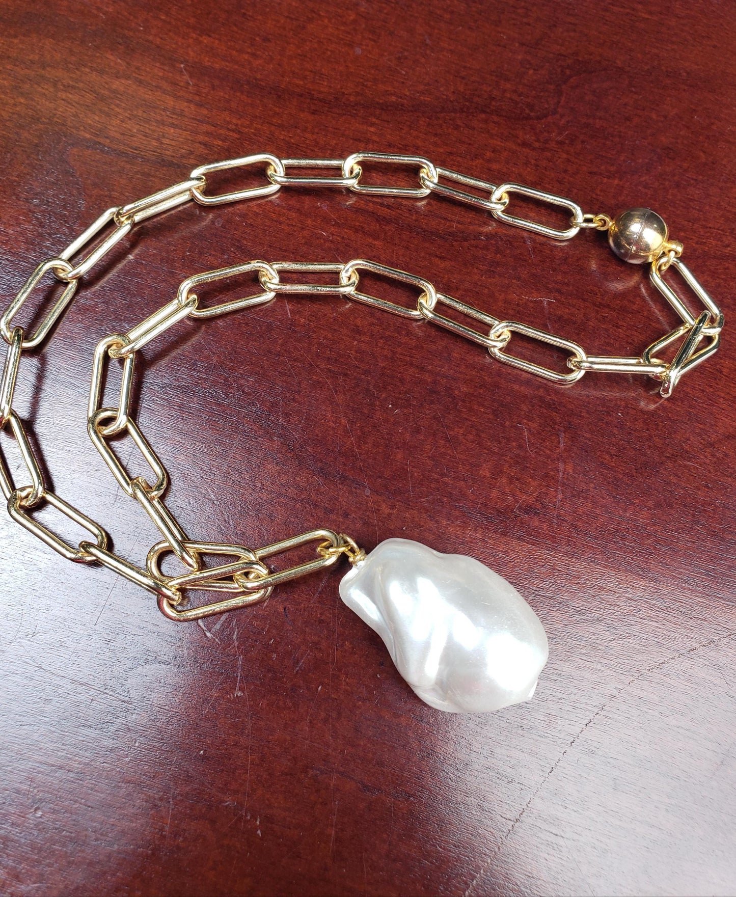 18k Gold Paper clip chain large size 7x17mm chain with huge Baroque pearl 20x30mm pendant gold necklace Resistance and Unity