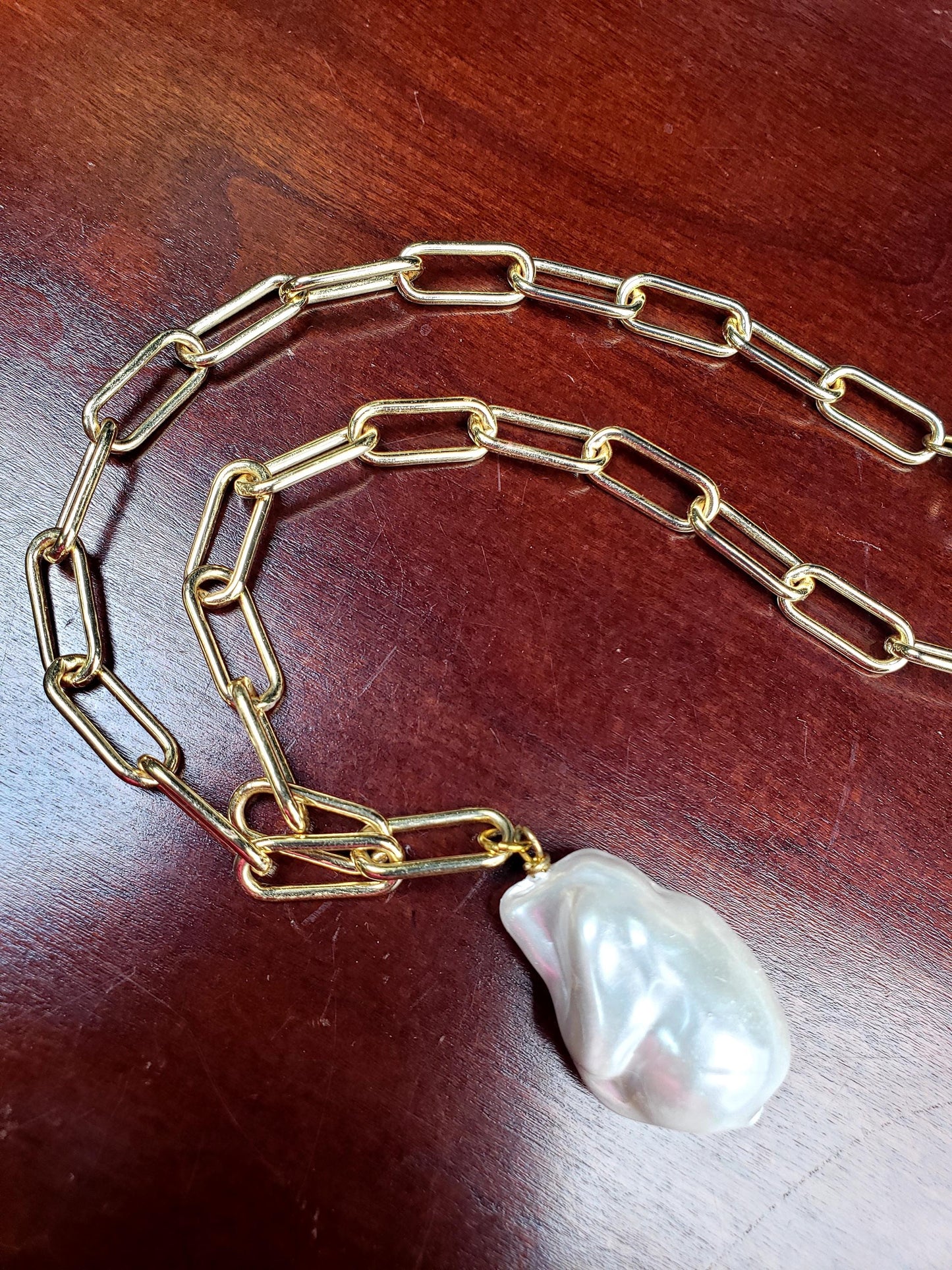18k Gold Paper clip chain large size 7x17mm chain with huge Baroque pearl 20x30mm pendant gold necklace Resistance and Unity