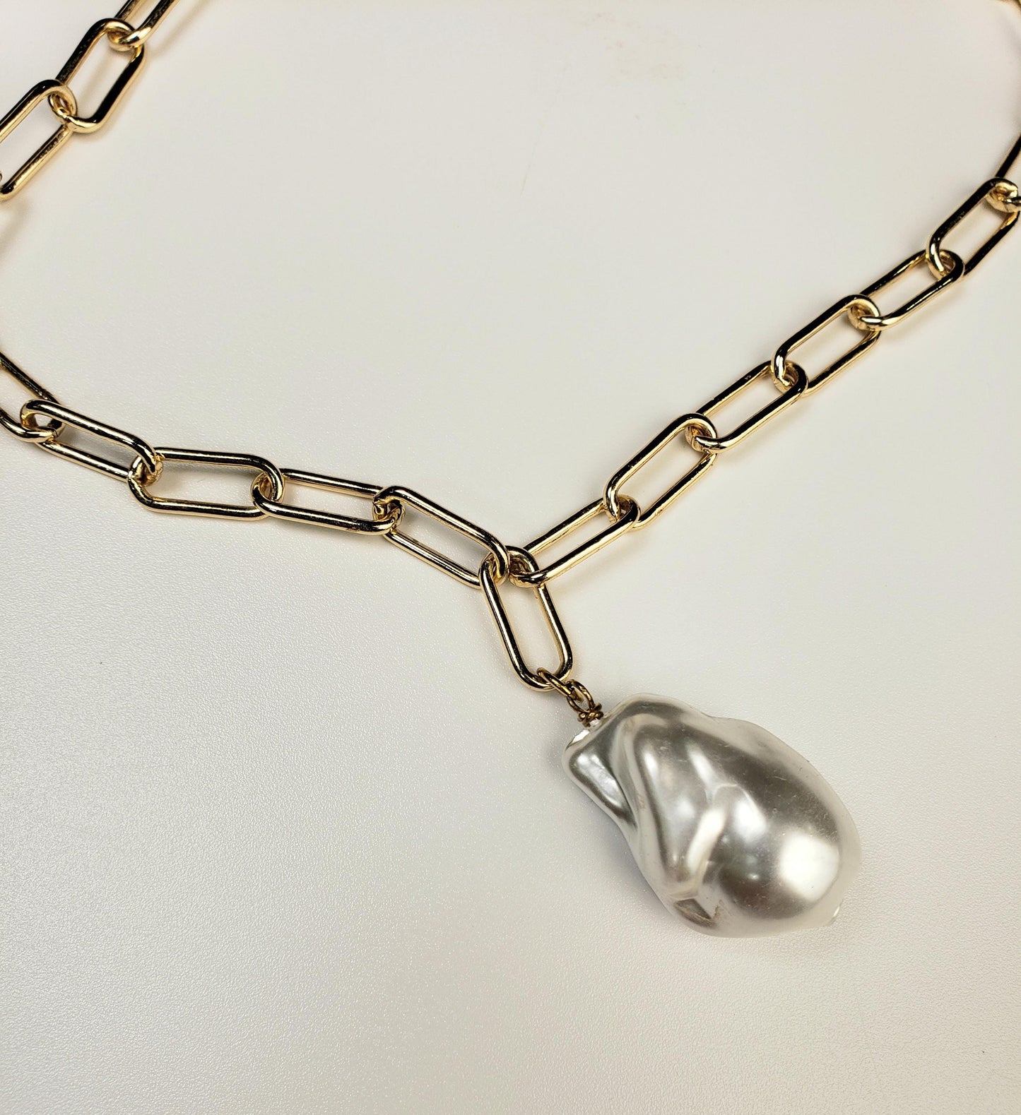 18k Gold Paper clip chain large size 7x17mm chain with huge Baroque pearl 20x30mm pendant gold necklace Resistance and Unity