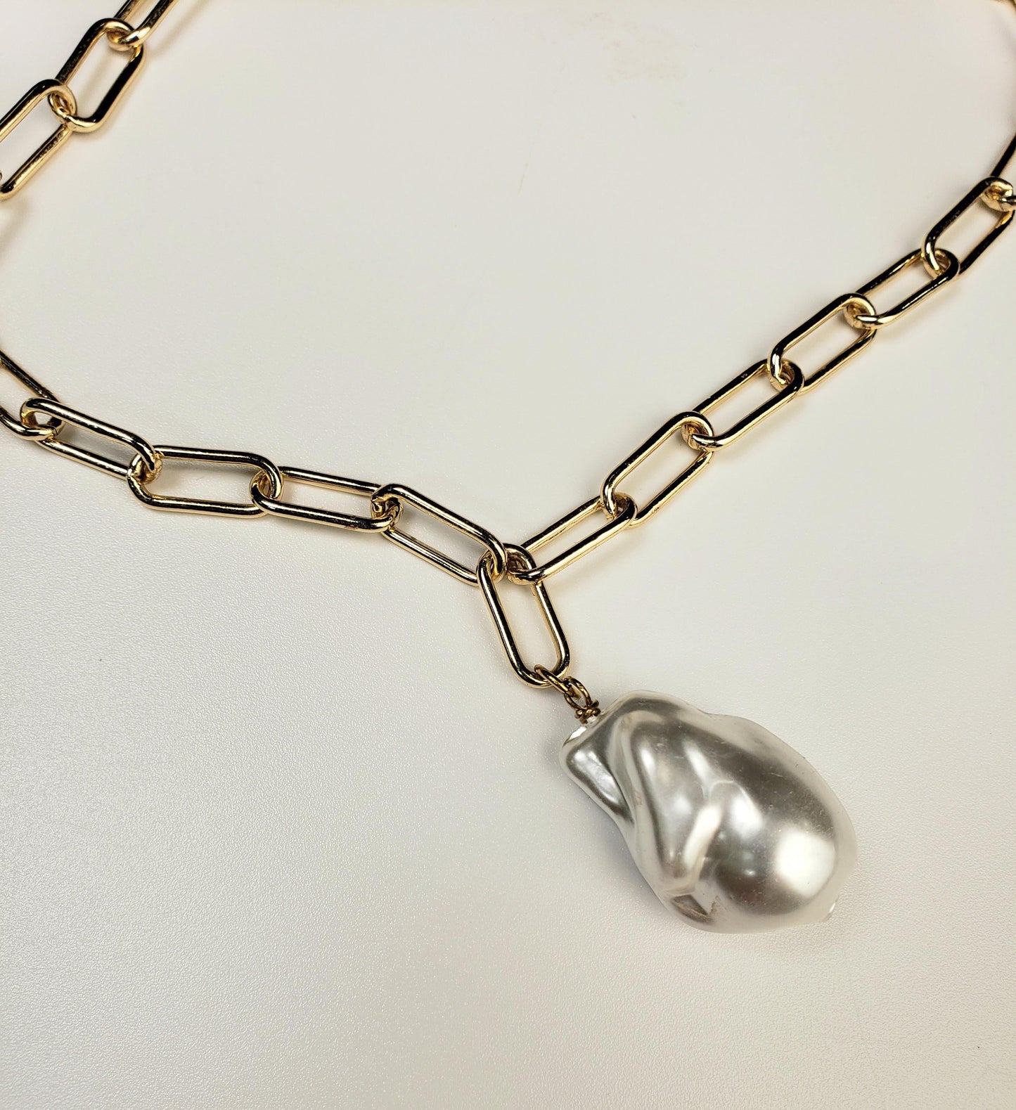 18k Gold Paper clip chain large size 7x17mm chain with huge Baroque pearl 20x30mm pendant gold necklace Resistance and Unity