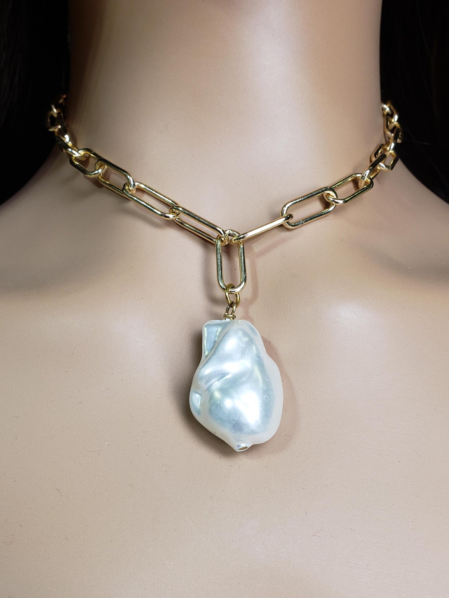 18k Gold Paper clip chain large size 7x17mm chain with huge Baroque pearl 20x30mm pendant gold necklace Resistance and Unity