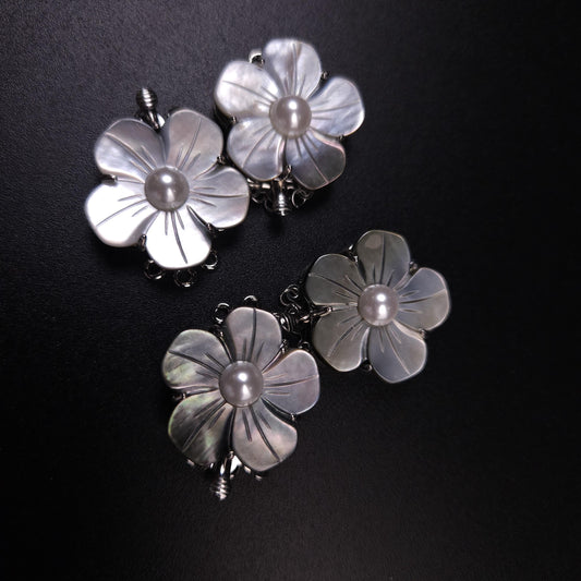 Mother of pearl clasp. Black Lip, White Mother of pearl 3 Loop Fancy Flower Clasp, Jewelry Making Rhodium 3 line Necklace Bracelet clasp