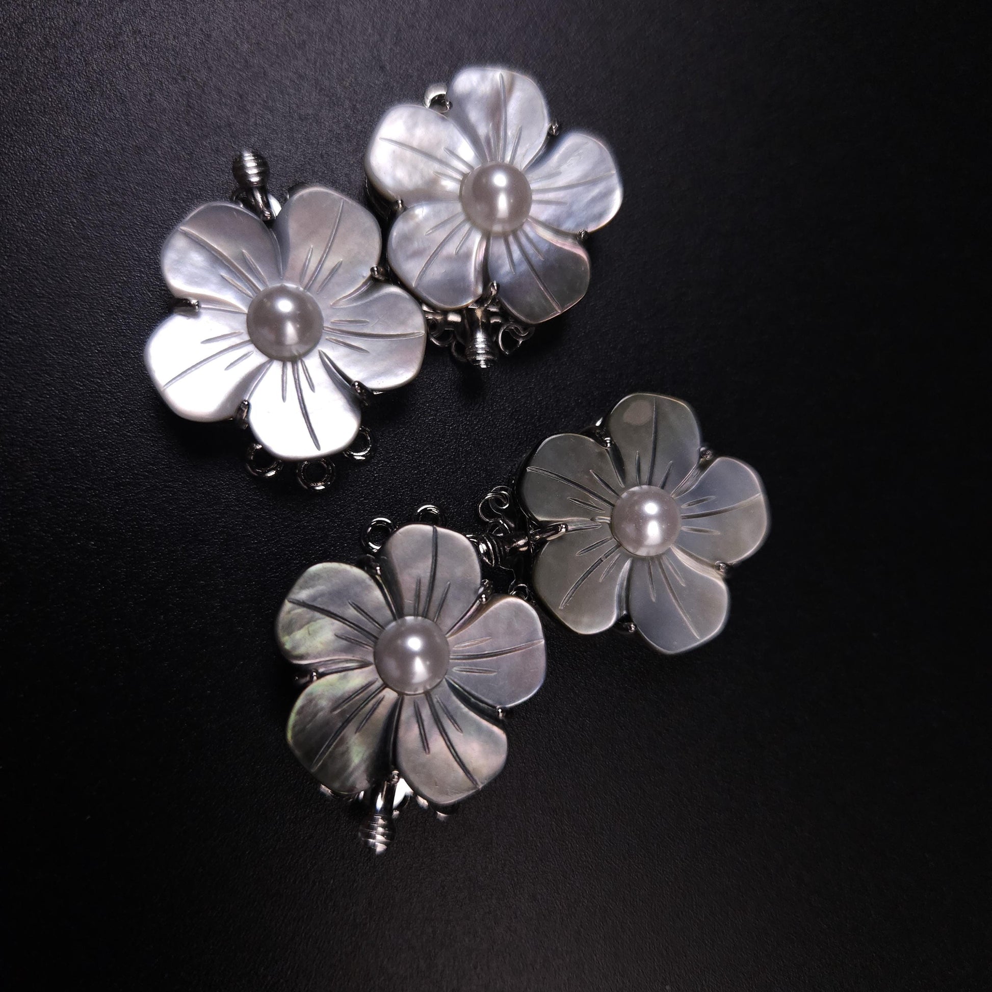 Mother of pearl clasp. Black Lip, White Mother of pearl 3 Loop Fancy Flower Clasp, Jewelry Making Rhodium 3 line Necklace Bracelet clasp