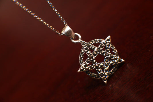 Vintage Marcasite 925 Sterling Silver Pentagram Pentacle pendant Necklace 5 element Antique gift, 925 stamped Star pendant
