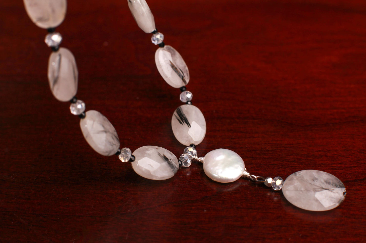 Natural Rutilated Quartz faceted oval black spinel spacer Freshwater coin petal pendant Necklace.