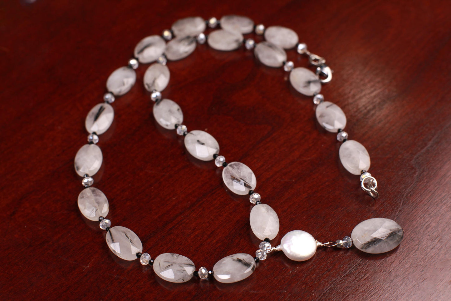 Natural Rutilated Quartz faceted oval black spinel spacer Freshwater coin petal pendant Necklace.