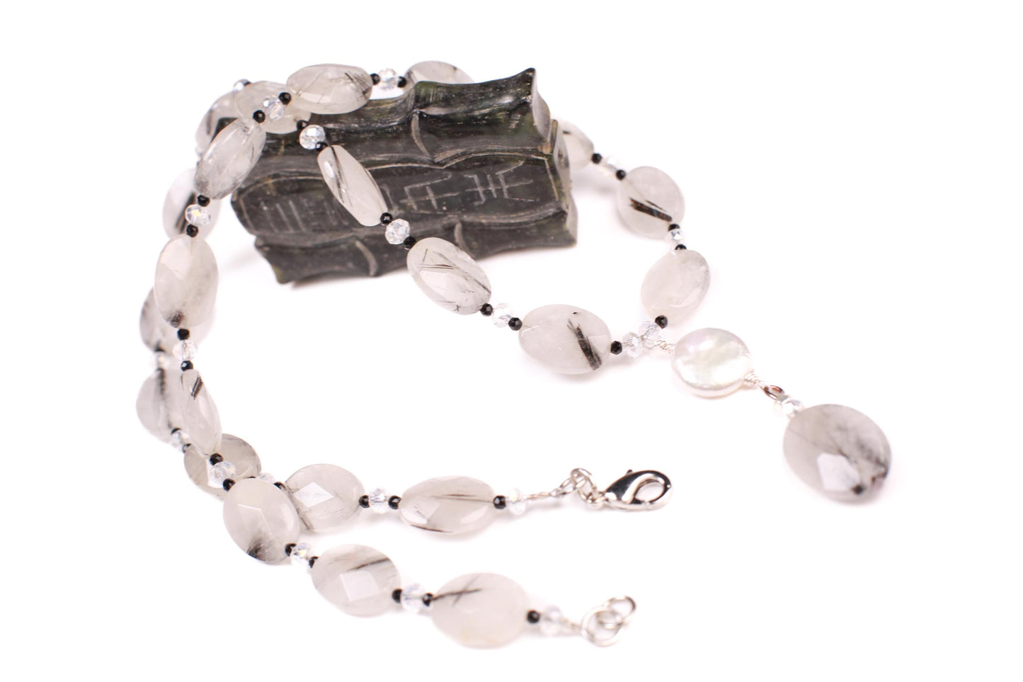 Natural Rutilated Quartz faceted oval black spinel spacer Freshwater coin petal pendant Necklace.