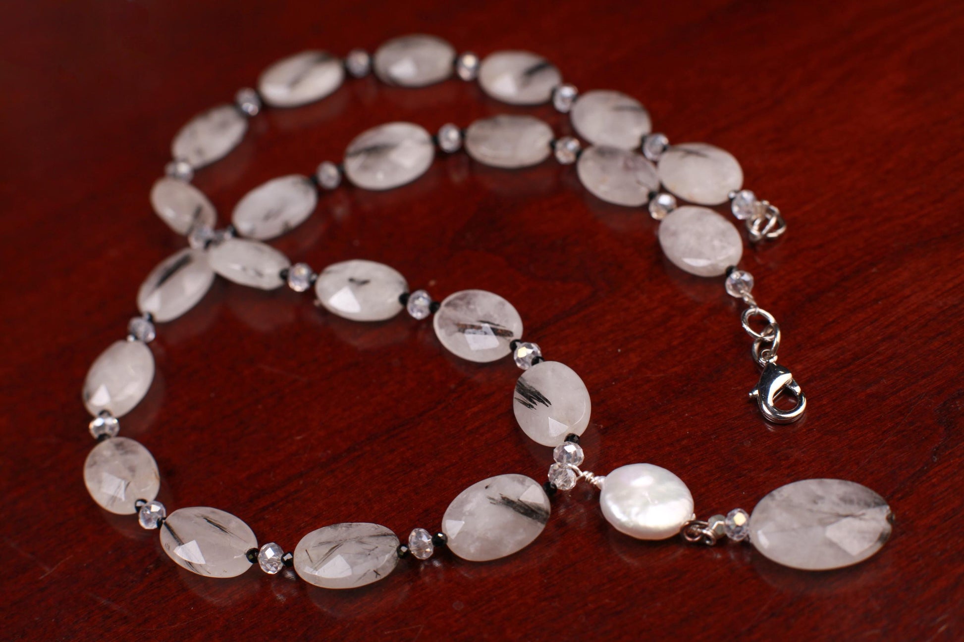 Natural Rutilated Quartz faceted oval black spinel spacer Freshwater coin petal pendant Necklace.