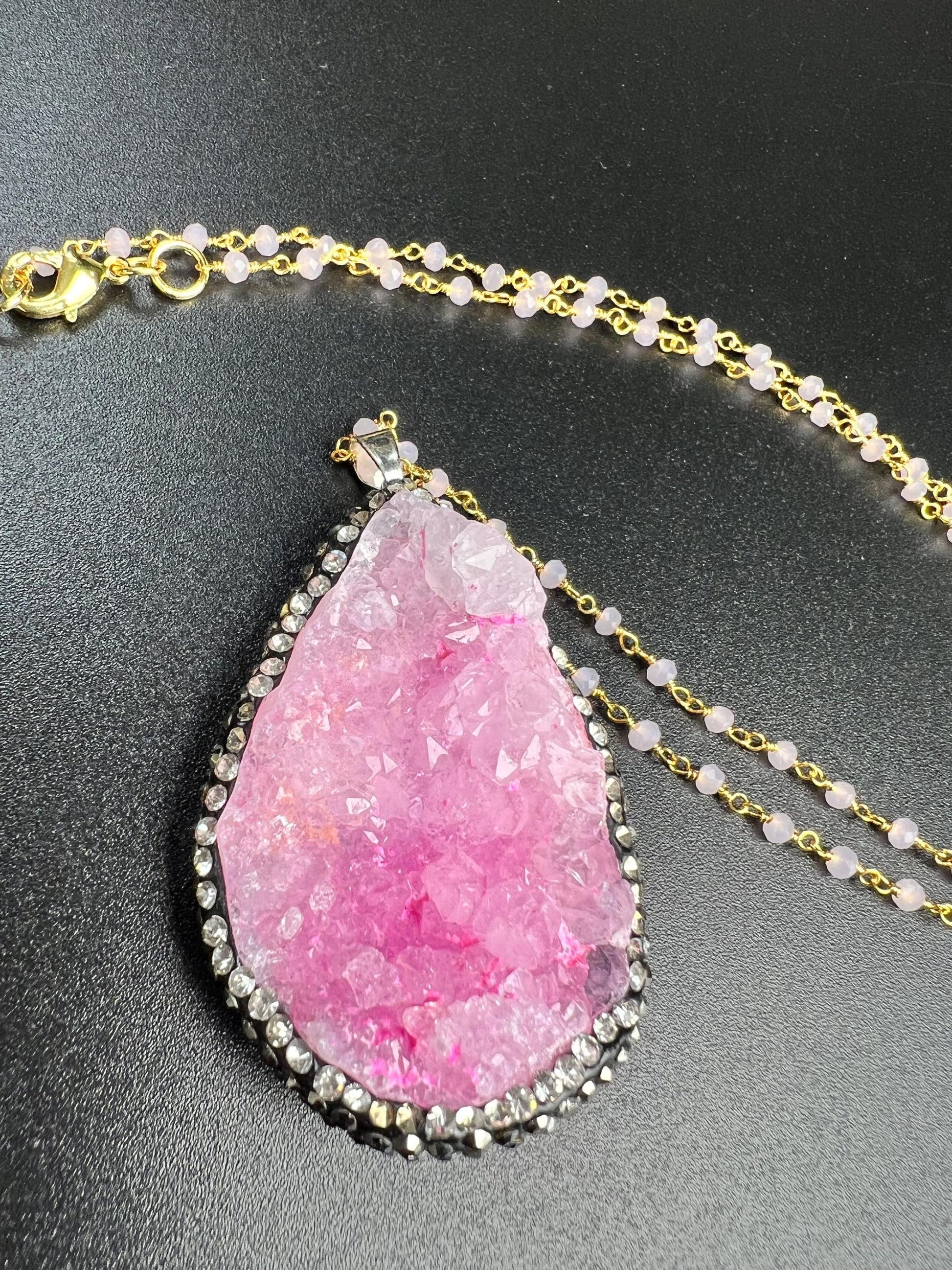 Druzy Agate Geode Pendant 35x52mm big,CZ Rhinestone Pave setting matching beaded chain 20” Necklace with 3" Extension