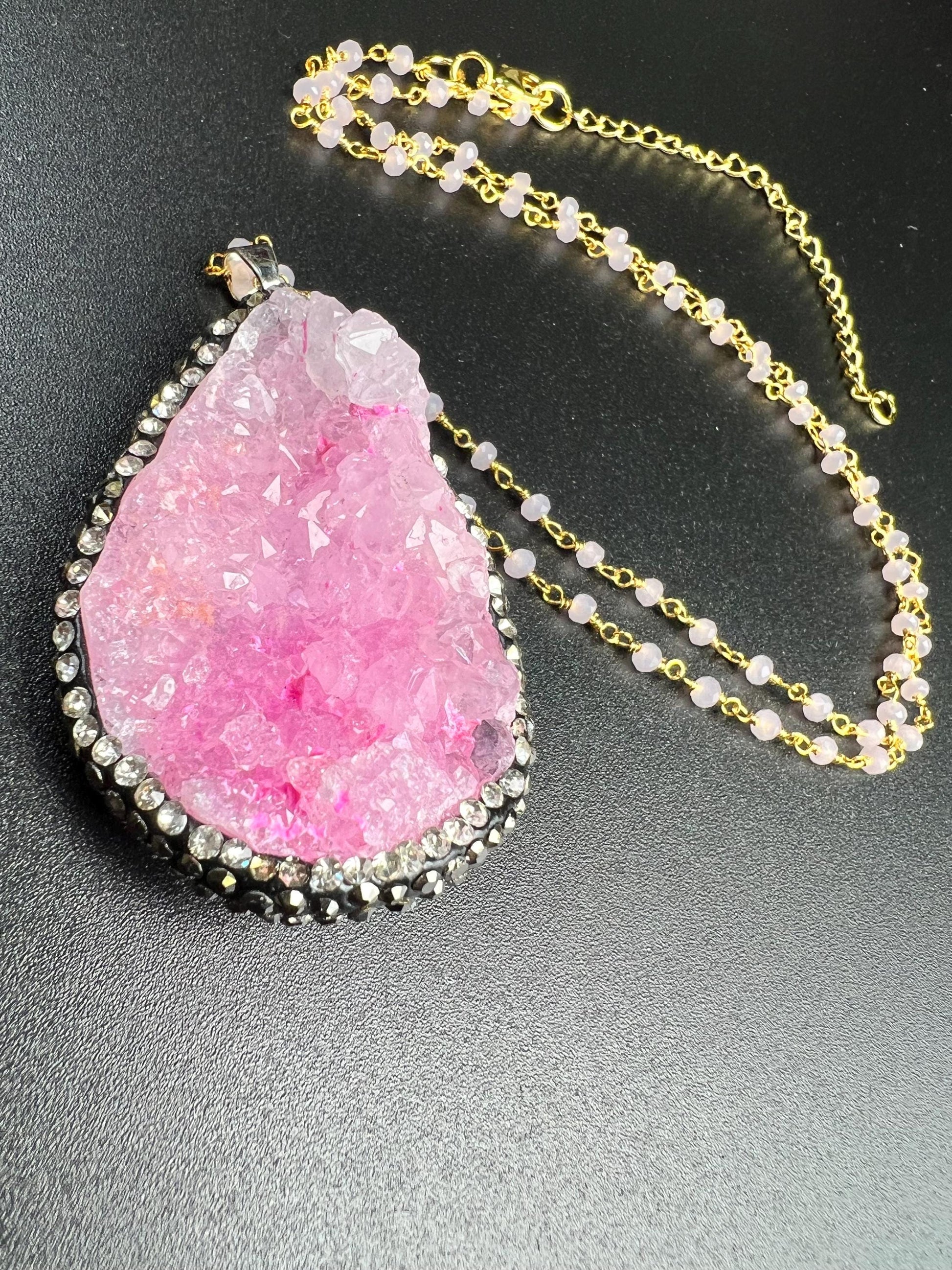 Druzy Agate Geode Pendant 35x52mm big,CZ Rhinestone Pave setting matching beaded chain 20” Necklace with 3" Extension