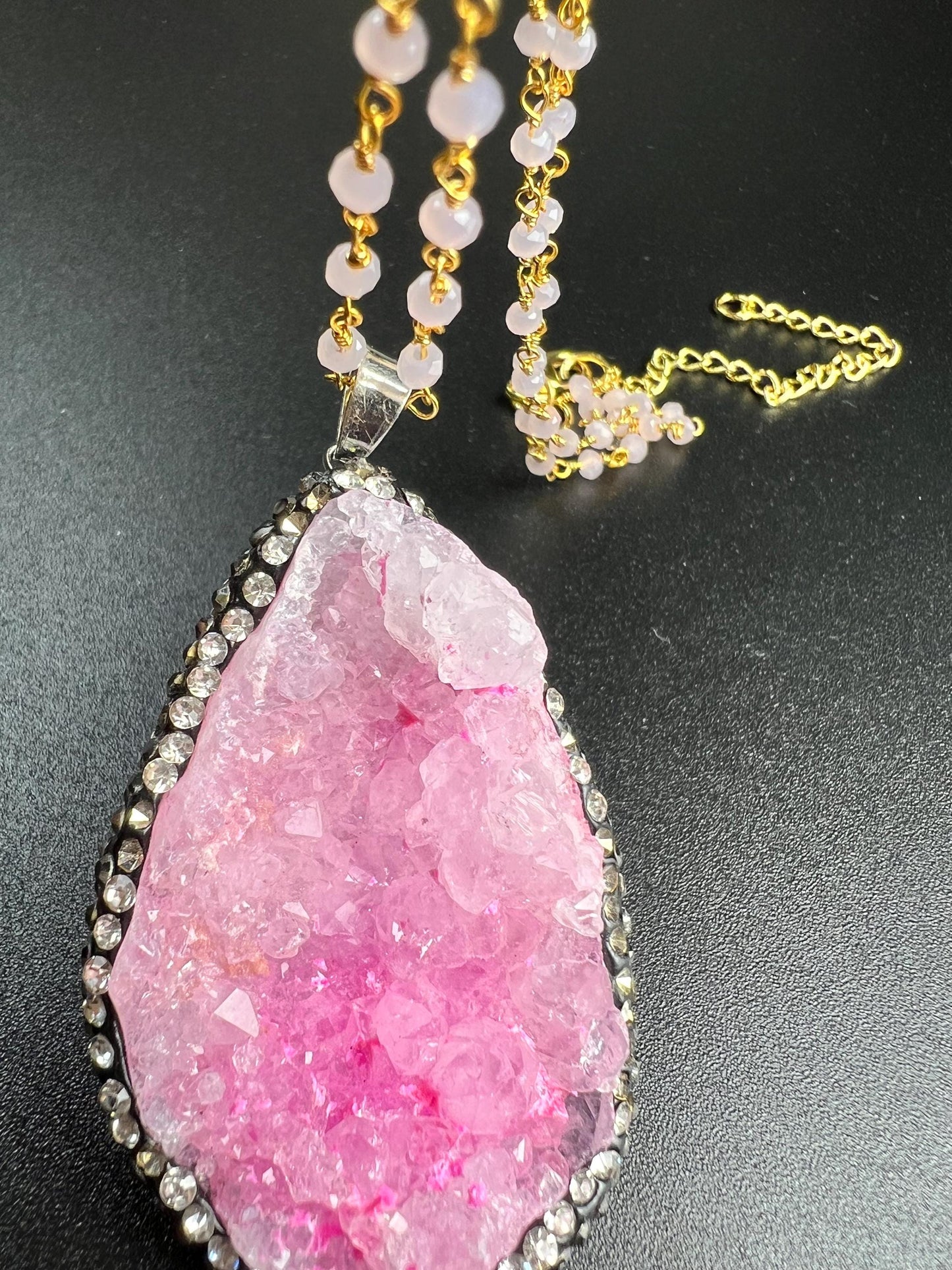 Druzy Agate Geode Pendant 35x52mm big,CZ Rhinestone Pave setting matching beaded chain 20” Necklace with 3" Extension
