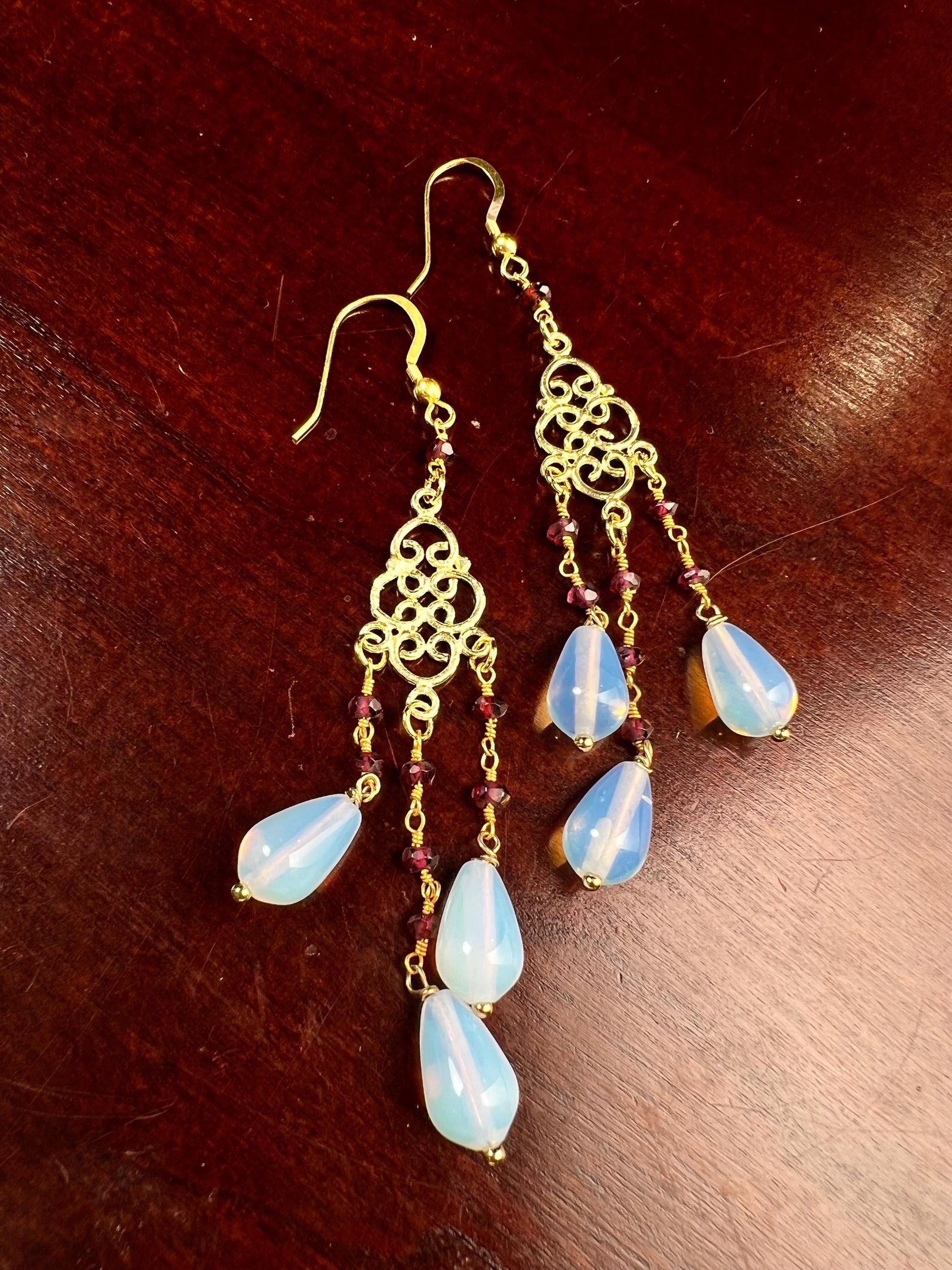 Genuine Garnet and opalite drop Gold vermeil chandelier earrings