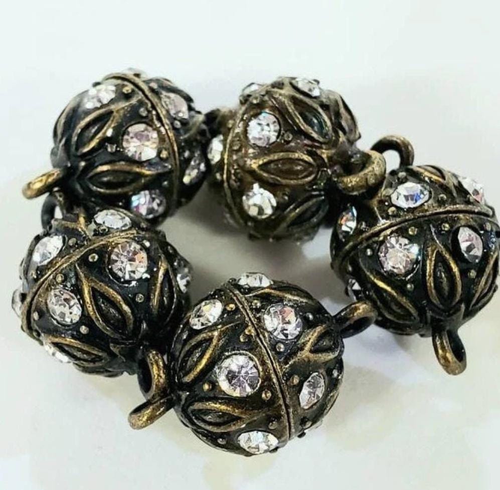 2 sets Silver, Gold, Antique Bronze 12mm Ball clasp with Rhinestone crystal setting, jewelry making Mag Ball clasp. 2 pcs sets
