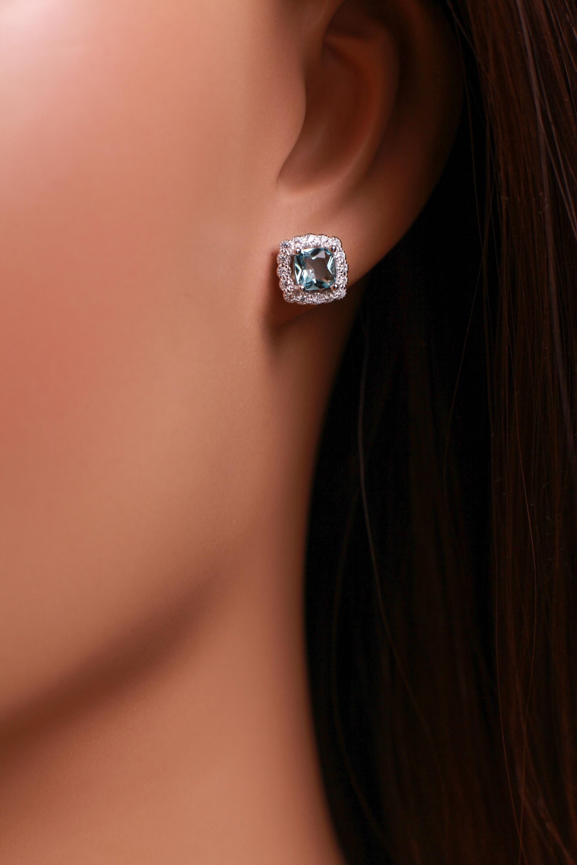 Blue Topaz with Cubic Zirconia 925 Sterling Silver Post Earring, 925 stamped, beautiful gift for her