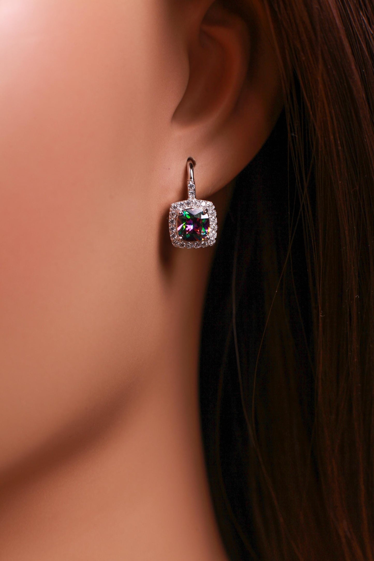 Mystic Topaz, 9mm Aurora borealis Mystic Topaz natural gemstone with CZ Diamond Leverback Earrings in 925 Sterling Silver Purple Earrings