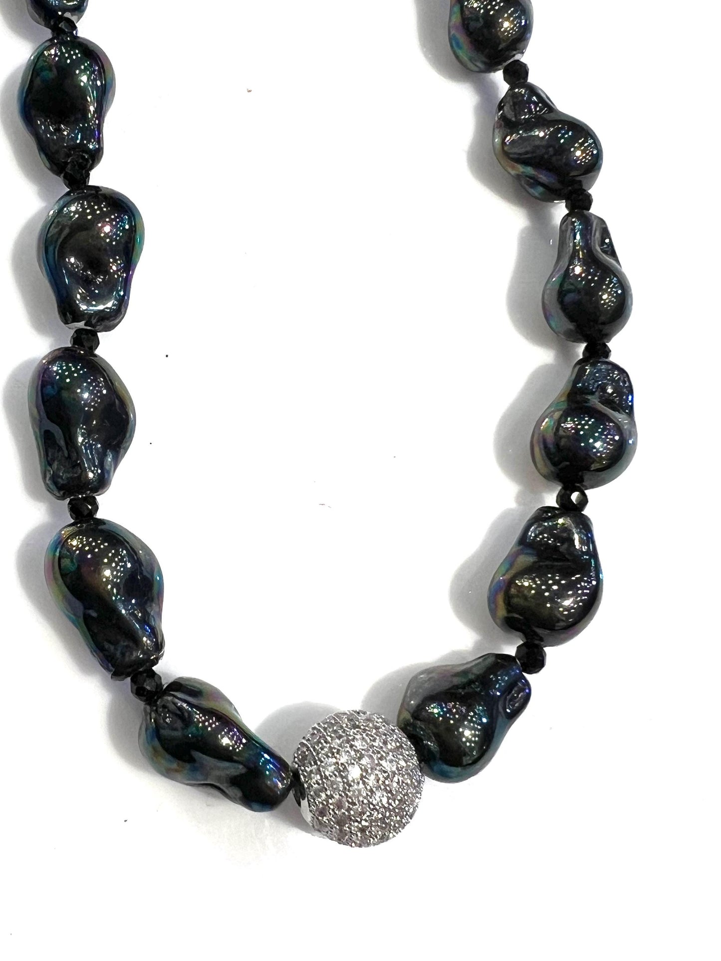 Black AB South Sea Shell Boruque Pearl 12x15mm large, CZ 12mm Diamond Ball front with mag clasp Statement Necklace, Party, Evening wear Gift