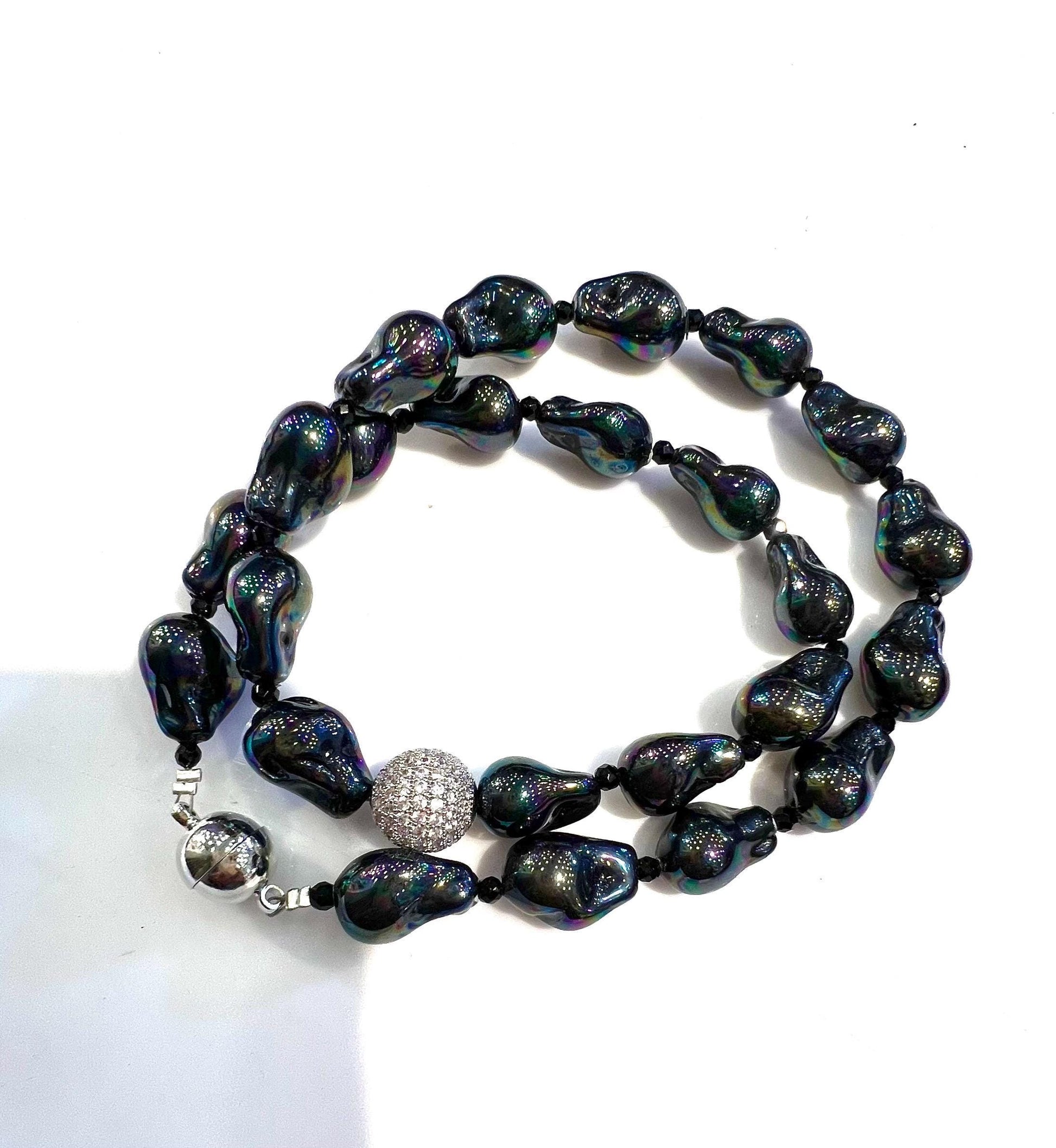 Black AB South Sea Shell Boruque Pearl 12x15mm large, CZ 12mm Diamond Ball front with mag clasp Statement Necklace, Party, Evening wear Gift