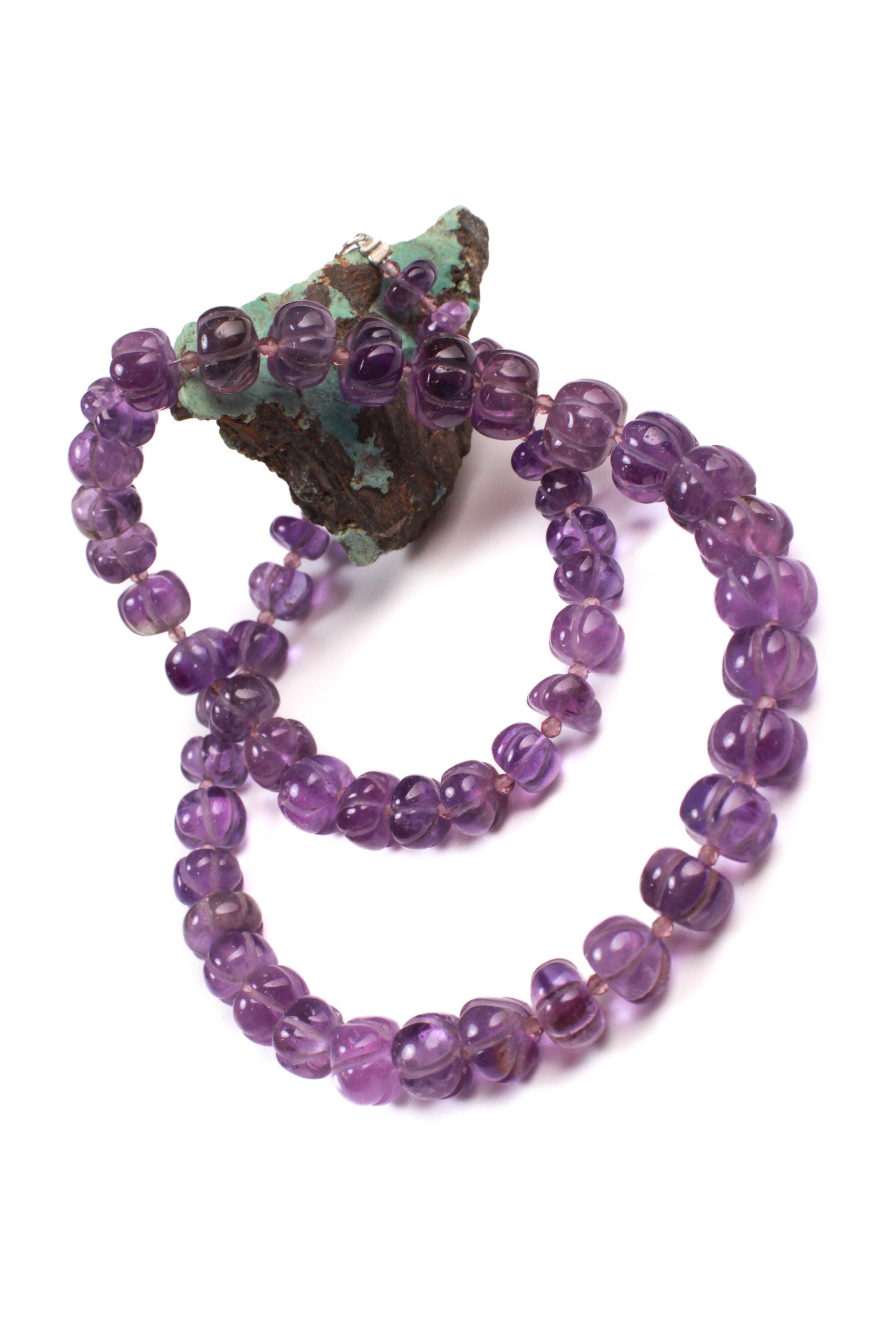 Natural Amethyst Purple 6-8mm AAA Carved Pumpkin Beaded Necklace in Silver Lobster clasp. Necklace and Earrings set. February Birthstone
