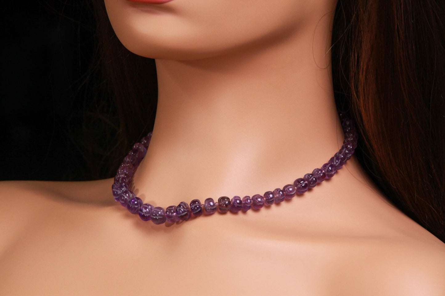 Natural Amethyst Purple 6-8mm AAA Carved Pumpkin Beaded Necklace in Silver Lobster clasp. Necklace and Earrings set. February Birthstone