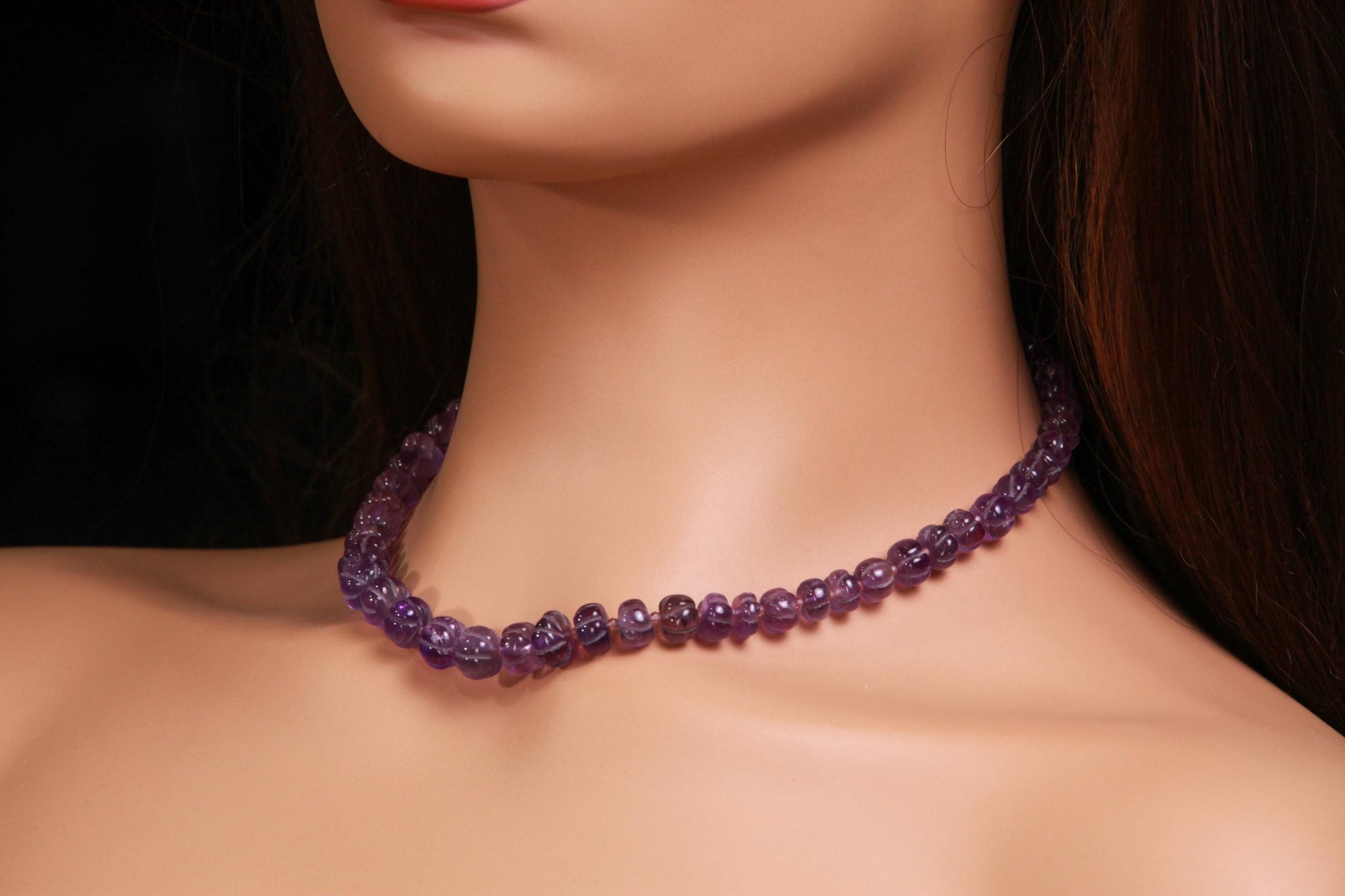 Natural Amethyst Purple 6-8mm AAA Carved Pumpkin Beaded Necklace in Silver Lobster clasp. Necklace and Earrings set. February Birthstone