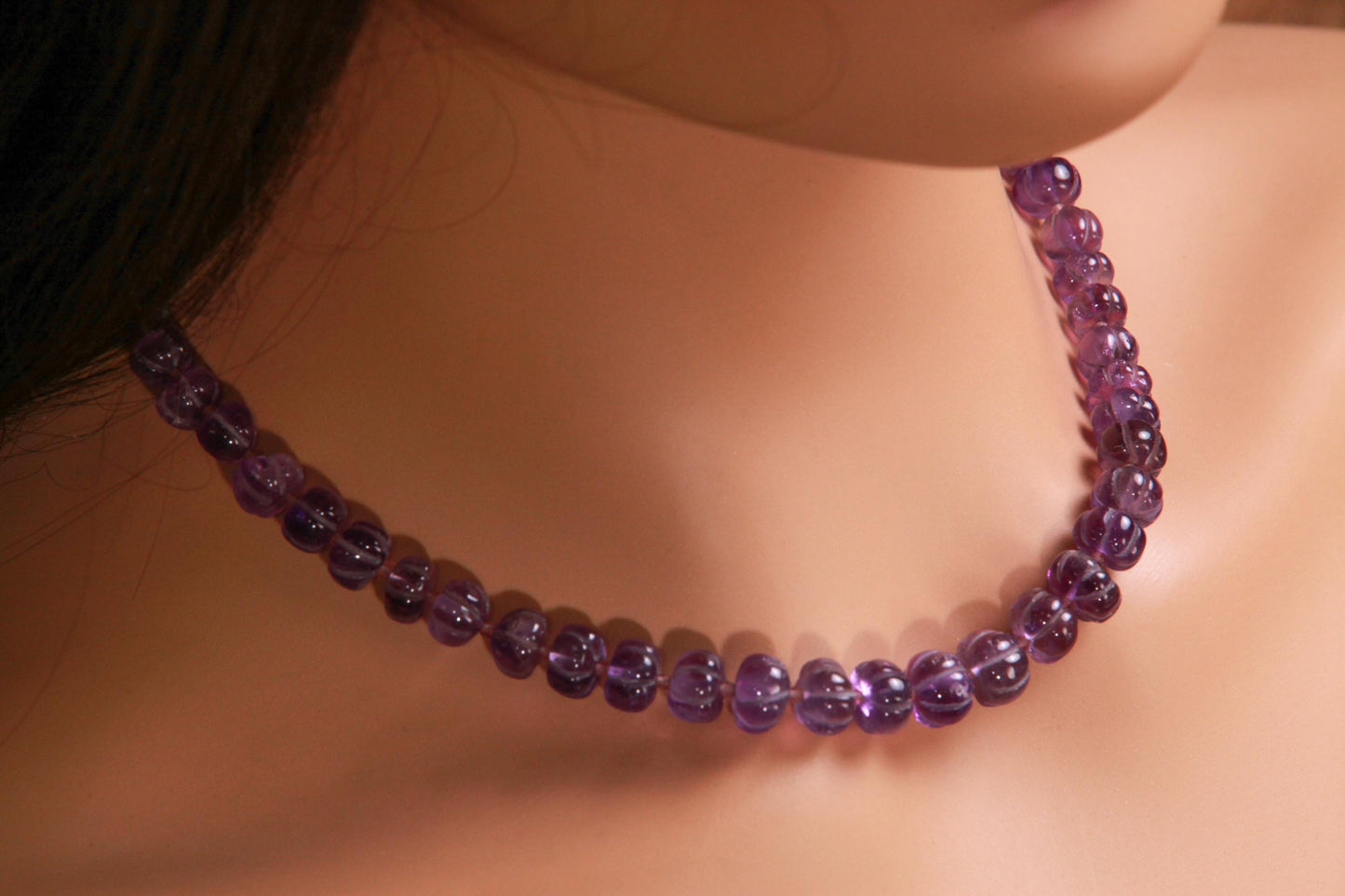 Natural Amethyst Purple 6-8mm AAA Carved Pumpkin Beaded Necklace in Silver Lobster clasp. Necklace and Earrings set. February Birthstone