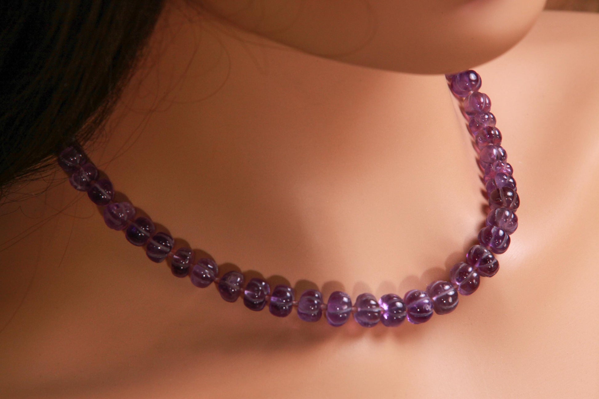 Natural Amethyst Purple 6-8mm AAA Carved Pumpkin Beaded Necklace in Silver Lobster clasp. Necklace and Earrings set. February Birthstone