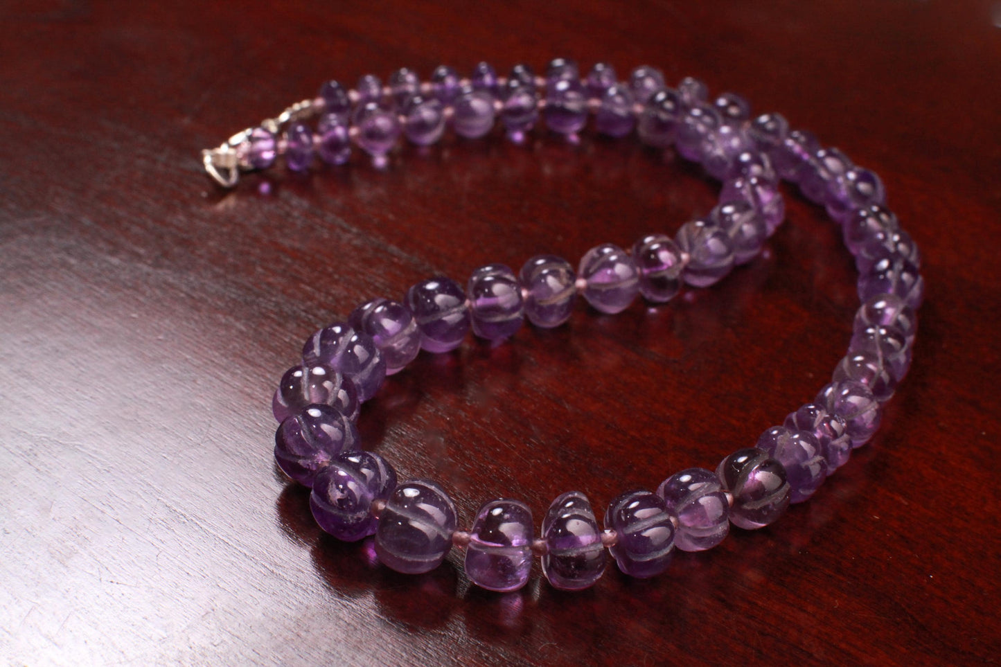 Natural Amethyst Purple 6-8mm AAA Carved Pumpkin Beaded Necklace in Silver Lobster clasp. Necklace and Earrings set. February Birthstone