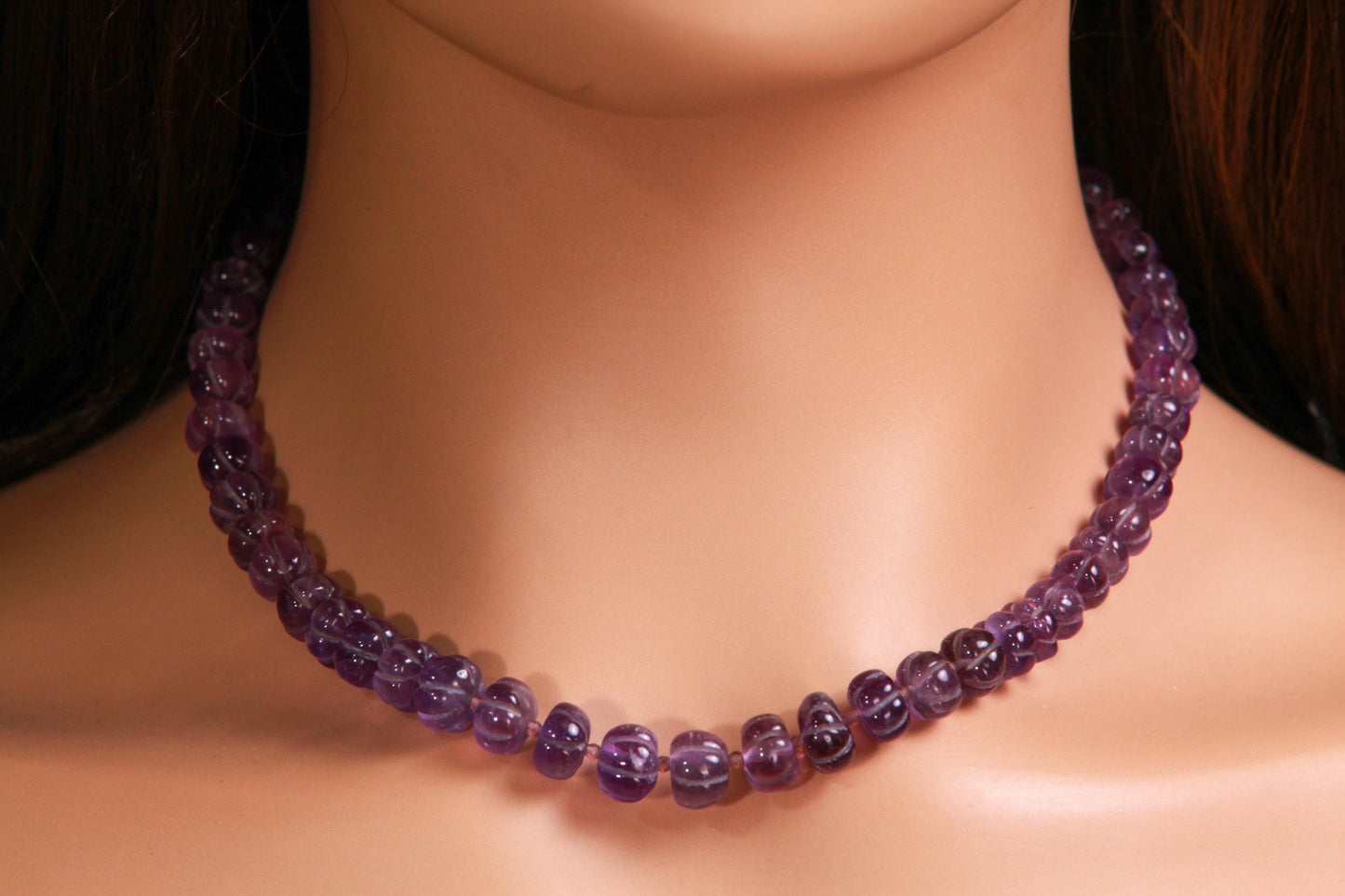Natural Amethyst Purple 6-8mm AAA Carved Pumpkin Beaded Necklace in Silver Lobster clasp. Necklace and Earrings set. February Birthstone