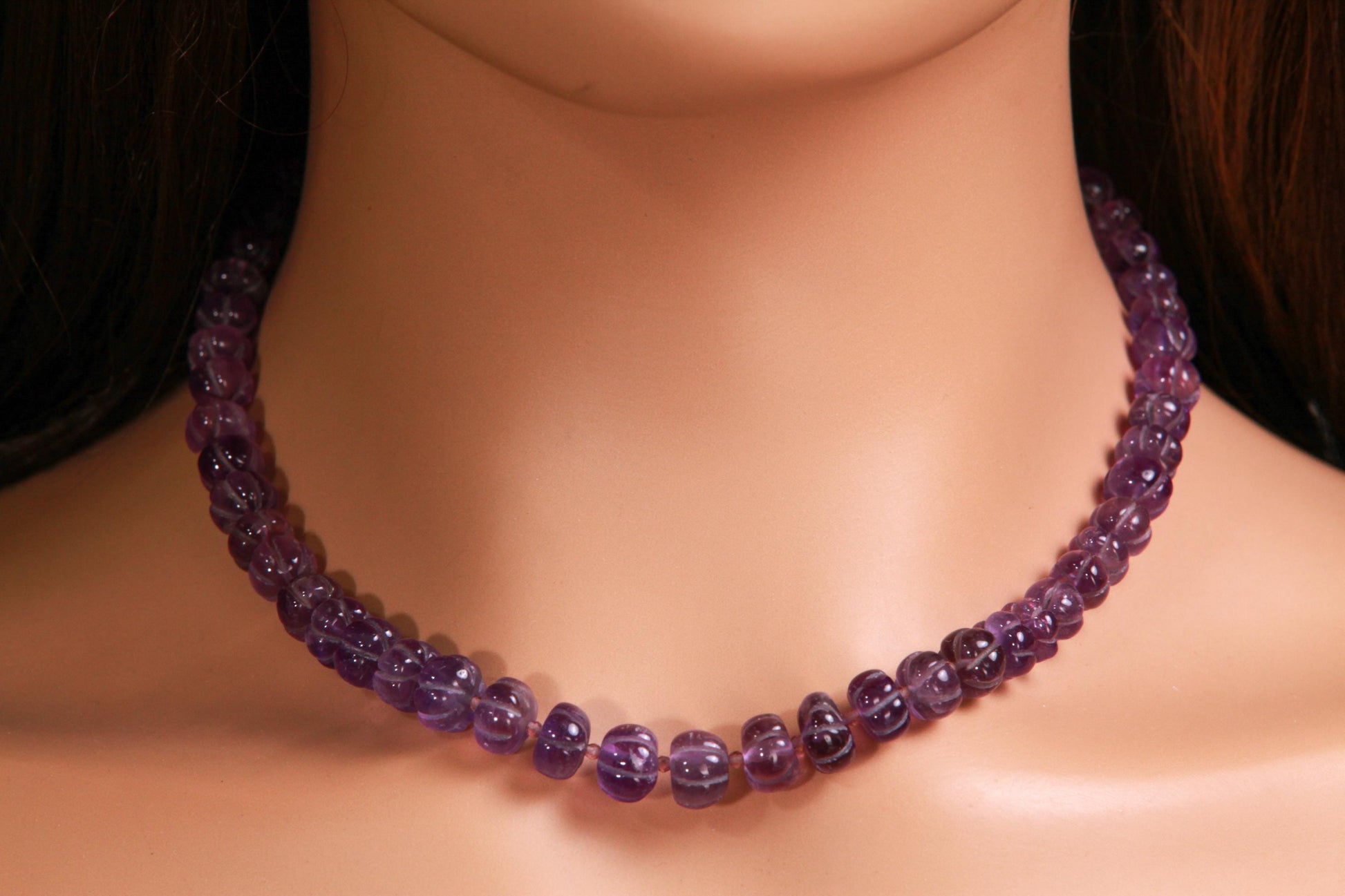 Natural Amethyst Purple 6-8mm AAA Carved Pumpkin Beaded Necklace in Silver Lobster clasp. Necklace and Earrings set. February Birthstone