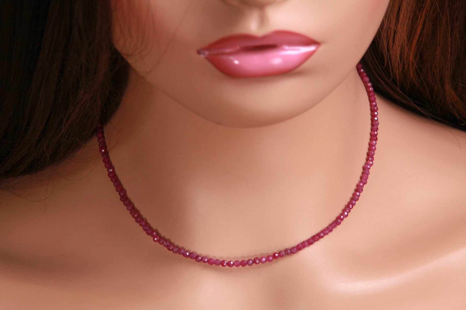 Genuine Ruby Necklace pinkish Red Ruby Faceted 3mm Round Sterling silver Rhodium Necklace, Beautiful Dark pinkish Red Ruby Gemstone Jewelry