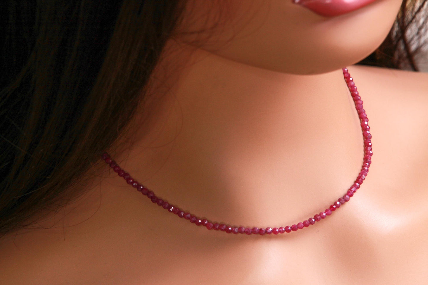 Genuine Ruby Necklace pinkish Red Ruby Faceted 3mm Round Sterling silver Rhodium Necklace, Beautiful Dark pinkish Red Ruby Gemstone Jewelry