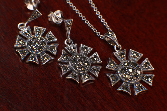 Vintage Marcasite 925 Sterling Silver 14mm Post Earrings and 16mm Pendant Sterling Silver Chain Necklace Jewelry Set, Vintage Antique gift