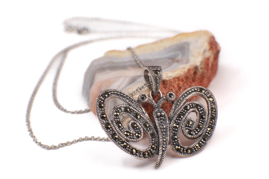 Vintage Marcasite 925 Sterling Silver 30x32mm Butterfly pendant, 925 Sterling Silver Chain Necklace, Vintage antique gift 925 stamped