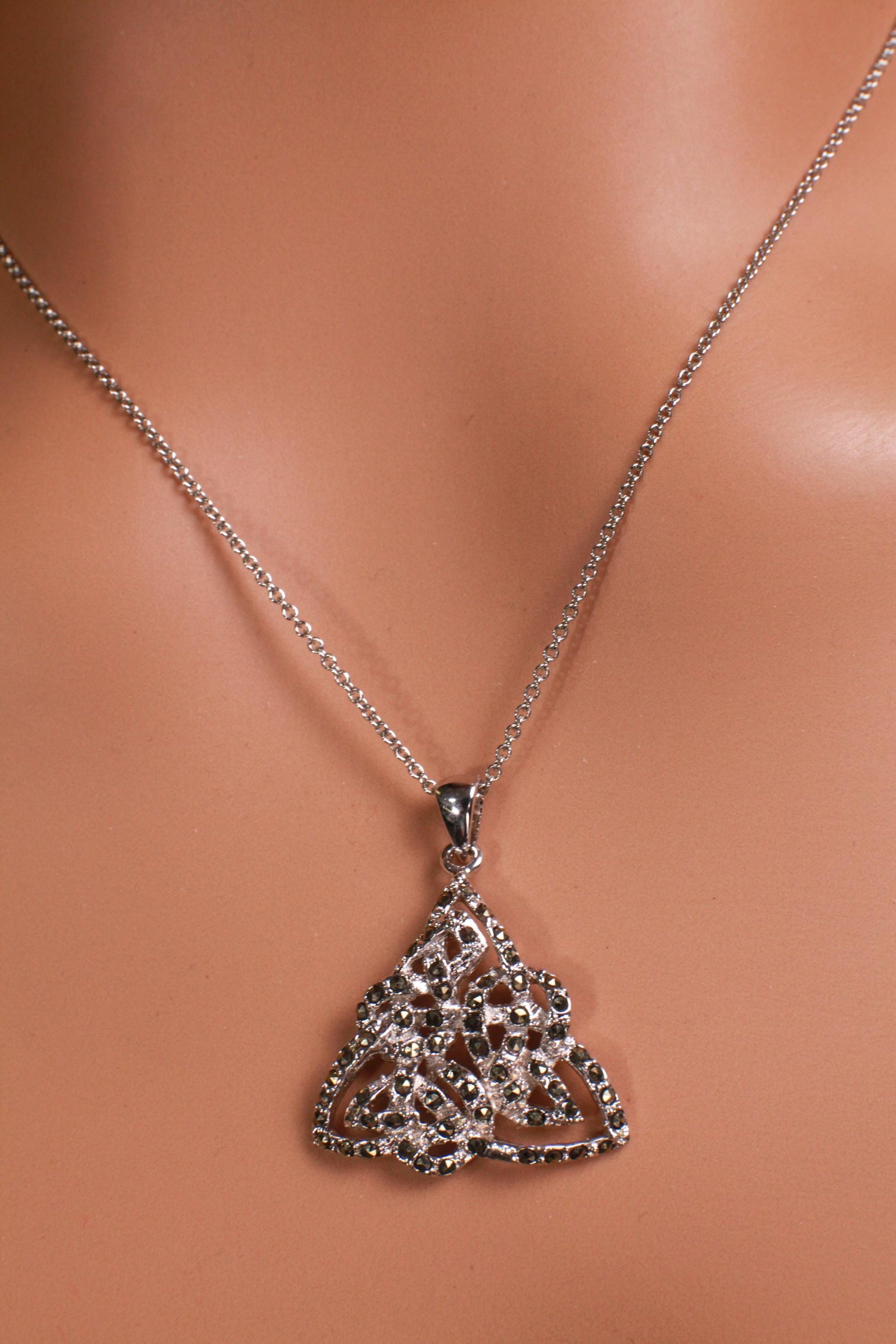 Marcasite 925 Sterling Silver Celtic Knot 23mm Endless Eternity Unity Pendant Art Decorative Sterling Silver Chain Necklace 925 stamp