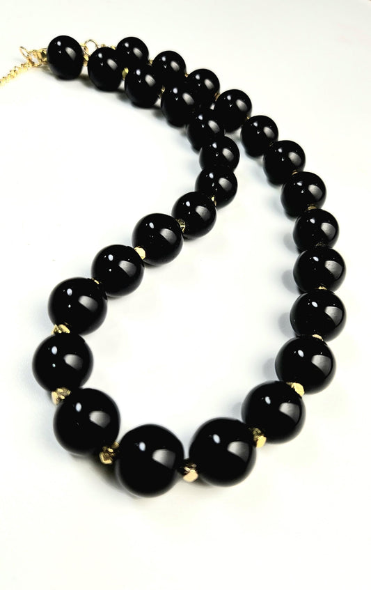 Genuine Black Onyx 14mm 18" Gold Necklace with 3" Extension Chain. High Quality Onyx smooth polished Bead. Elegant Gift for Mom