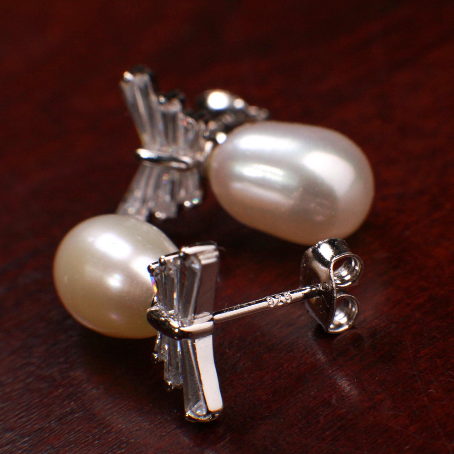 Natural Freshwater Pearl 10x16mm CZ Diamond Emerald cut Butterfly Post 925 Sterling Silver Earrings, Bridesmaid, bridal, wedding,925 Stamped