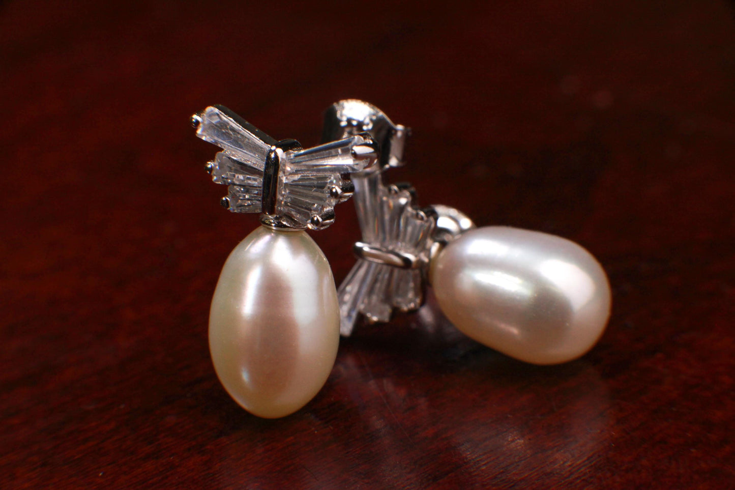 Natural Freshwater Pearl 10x16mm CZ Diamond Emerald cut Butterfly Post 925 Sterling Silver Earrings, Bridesmaid, bridal, wedding,925 Stamped