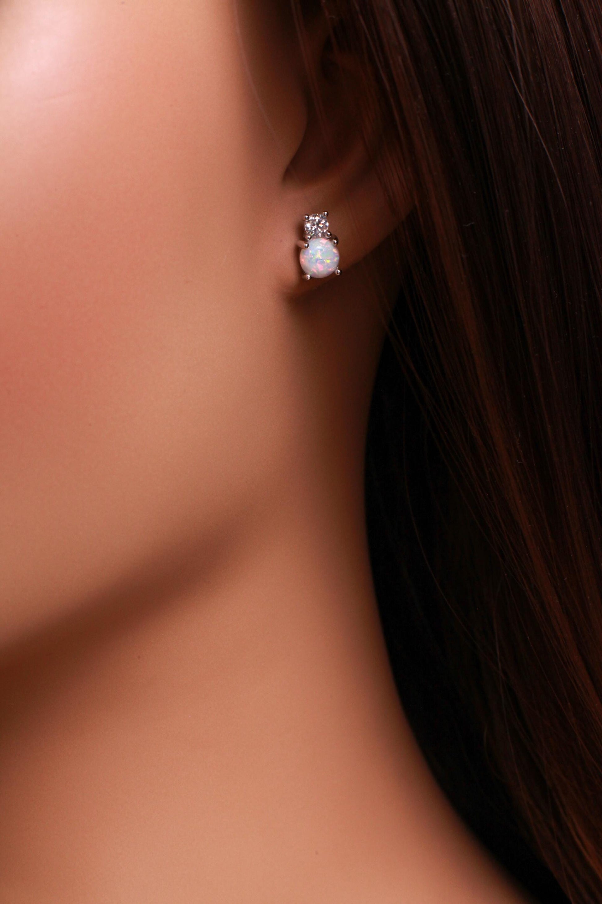 Genuine Ethiopian Fire Opal, Welo Opal, 6mm Round CZ Diamond top 925 Sterling silver Stud Earrings Fiery Opal 925 stamped Elegant Gift