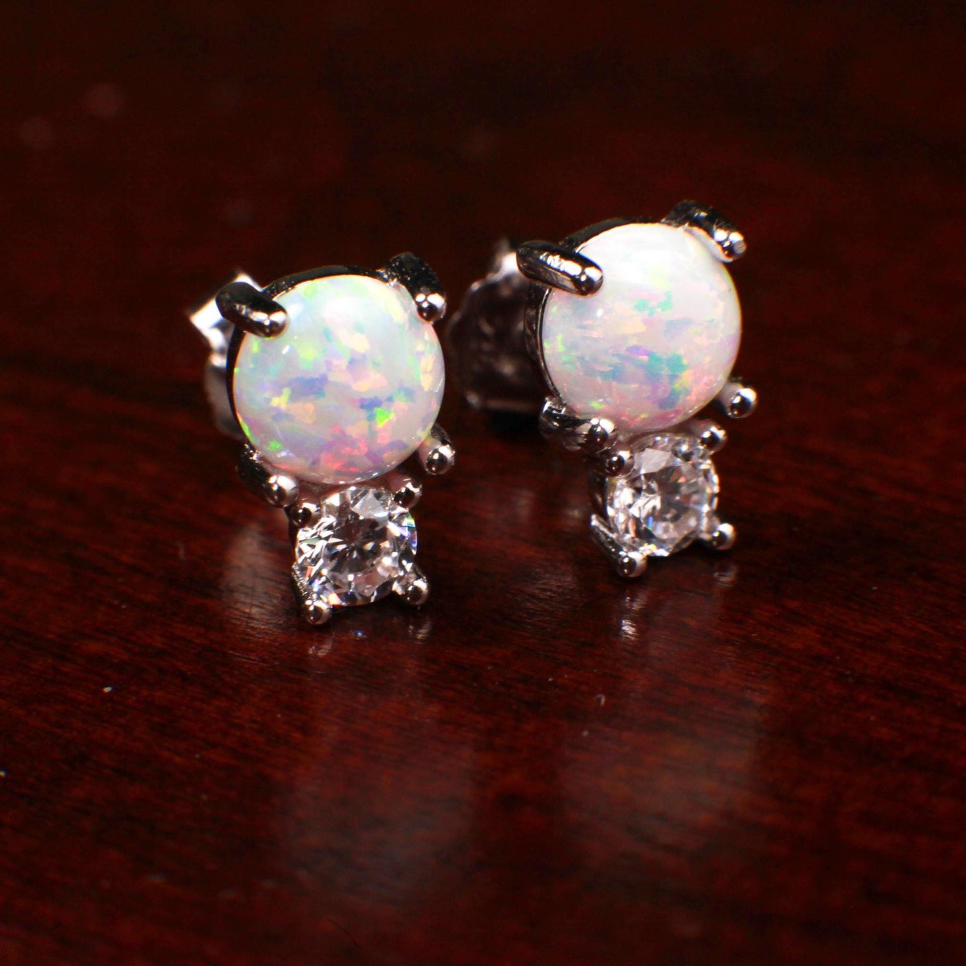 Genuine Ethiopian Fire Opal, Welo Opal, 6mm Round CZ Diamond top 925 Sterling silver Stud Earrings Fiery Opal 925 stamped Elegant Gift