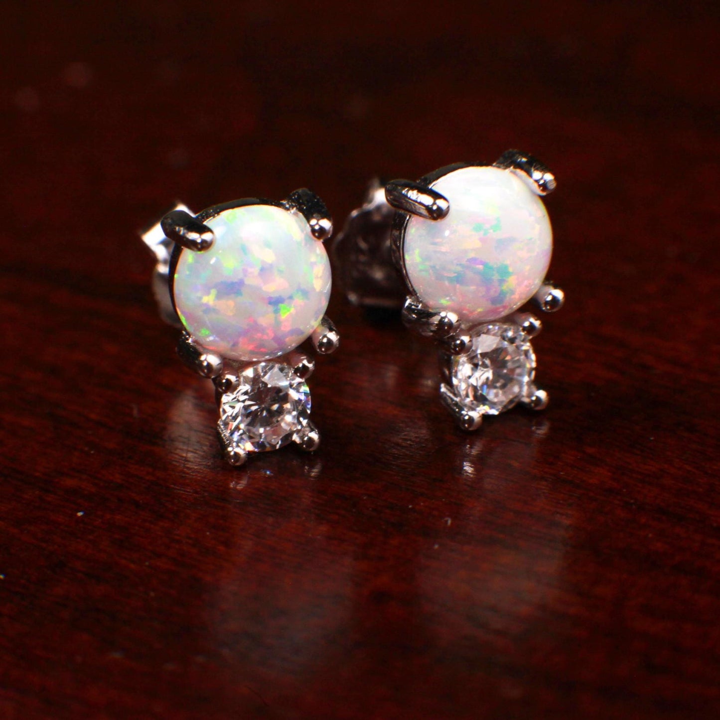 Genuine Ethiopian Fire Opal, Welo Opal, 6mm Round CZ Diamond top 925 Sterling silver Stud Earrings Fiery Opal 925 stamped Elegant Gift