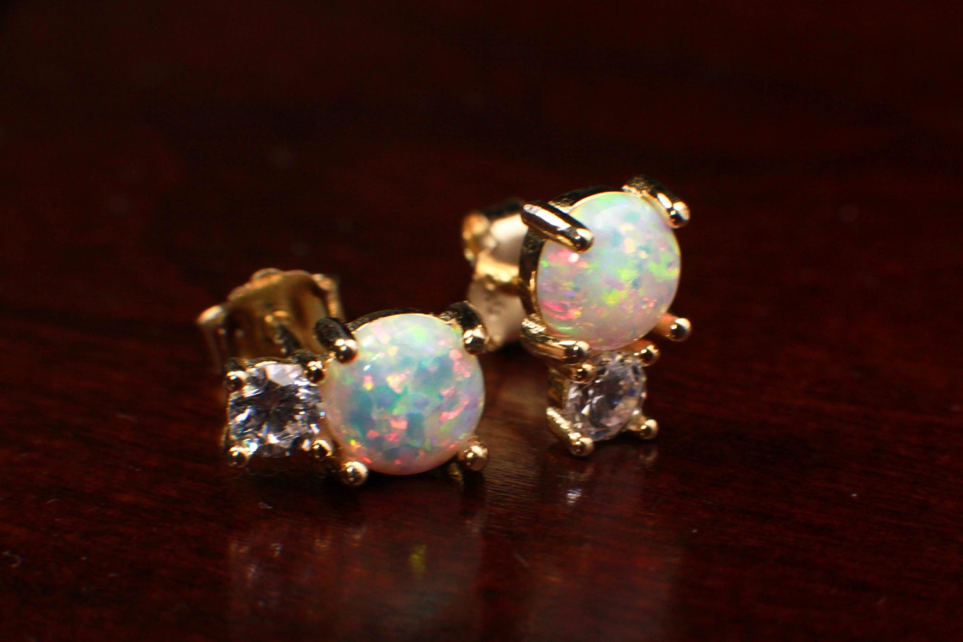 Genuine Ethiopian Fire Opal, Welo Opal, 6mm Round CZ Diamond top in 22k Gold Vermeil Stud Earrings Fiery Opal 925 stamped. Elegant gift